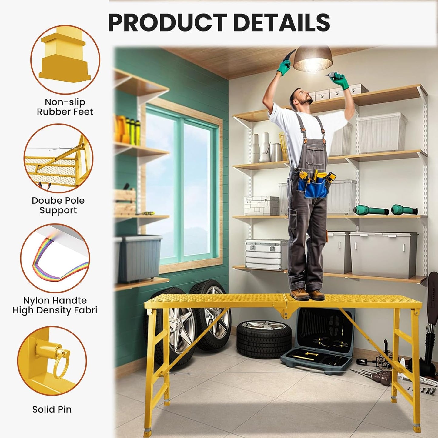 Foldable Scaffolding Platform, 70.8x15.2x36.2-62 Inch Portable Work Platform, 770 Lbs Capacity, Adjustable Height Industrial Step Ladders, Ideal for Painting, Wiring and Home Decor, Yellow