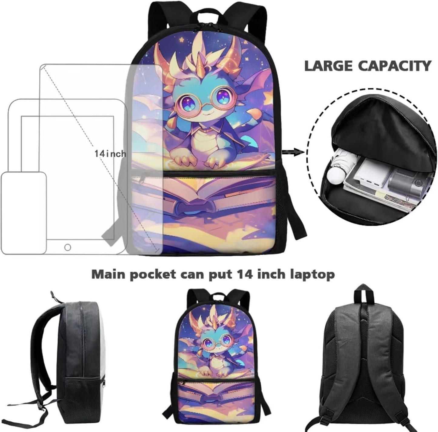 Dragon Backpack for Girls 4-in-1 Back to School Set, Dragon Read Book Design Backpack with Lunch Box, Pencil Case & Water Bottle Sleeve for Kids Age 8-10 Elementary Bookbags