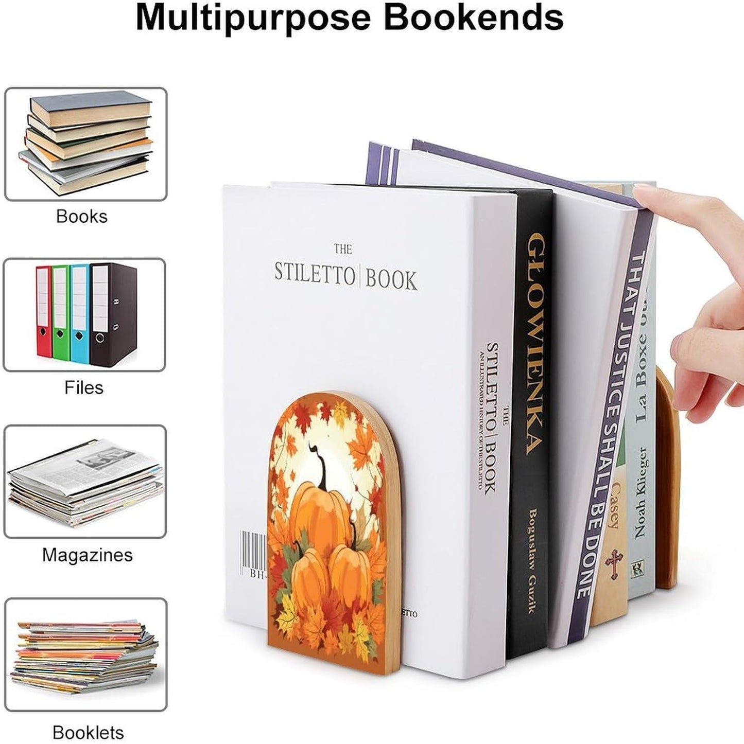 Autumn Pumpkin Maple Leaves Bookends 1 Pair Heavy Duty Book Ends for Shelves Non-Skid Bookend Supports Wooden Book Holders with Metal Base Desk Organizers Books Storage to Hold Books