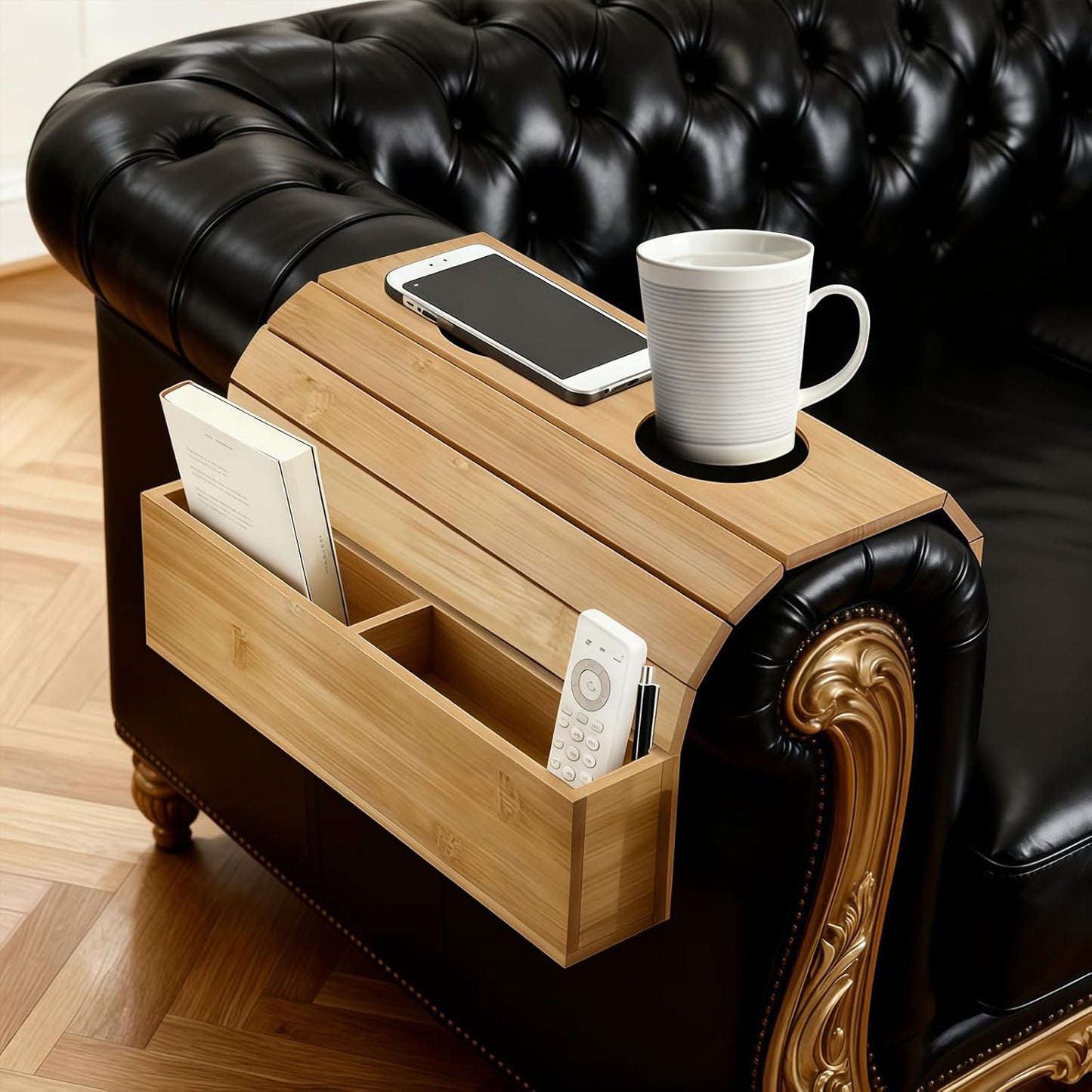 Bamboo Sofa Armrest Tray Foldable Couch Arm Tray Non Slip Sofa Armrest Table with Cork Coasters Color Natural Couch Armrest Organizer for Drinks Mobile Phone TV Remote Control Snacks