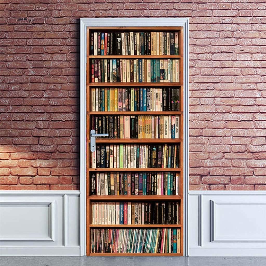 Creative 3D Door Sticker Bookshelf Bookcase Wallpaper Self Adhesive Wall Mural DIY Bedroom Decor
