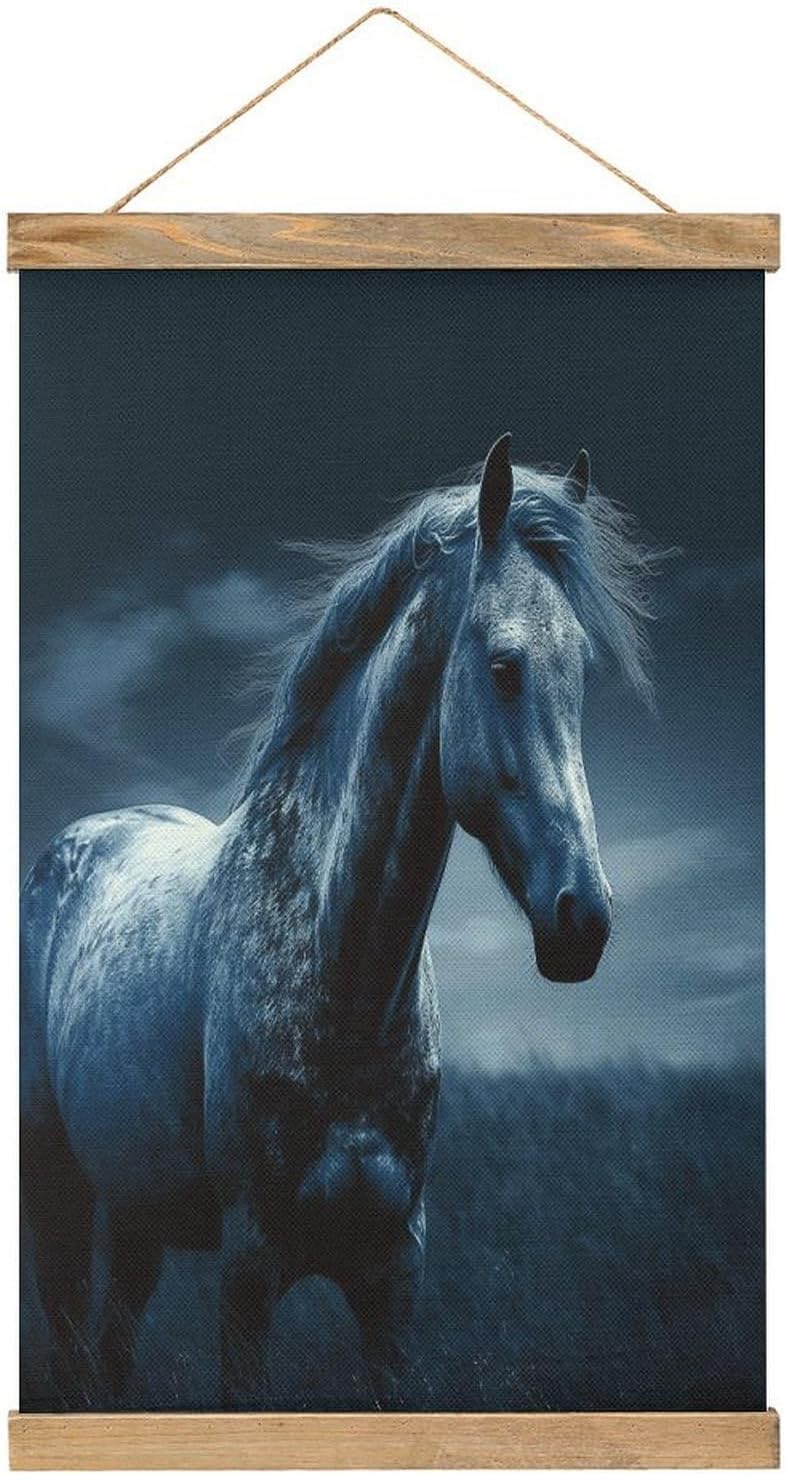 Vintage Blue Horse Poster with Wooden Frame Personalized Linen Hanging Scroll Painting Rustic Wall Hanging Illustrative Modern Artwork Decor for Home Living Room Bedroom Office