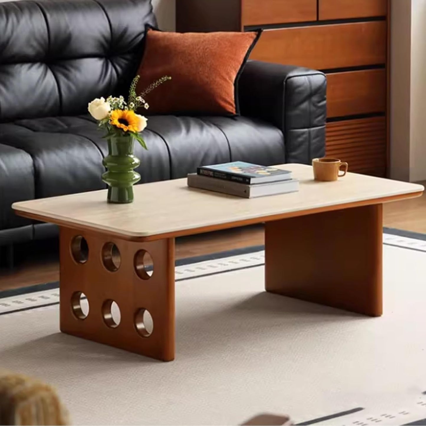 Modern rectangular Abstract Coffee Table Vintage-style solid wood Accent Low table with Slate tabletop Center Marble Living Room Table legs with creative round holes(100*50*40cm/39.4*19.7*15.7in)