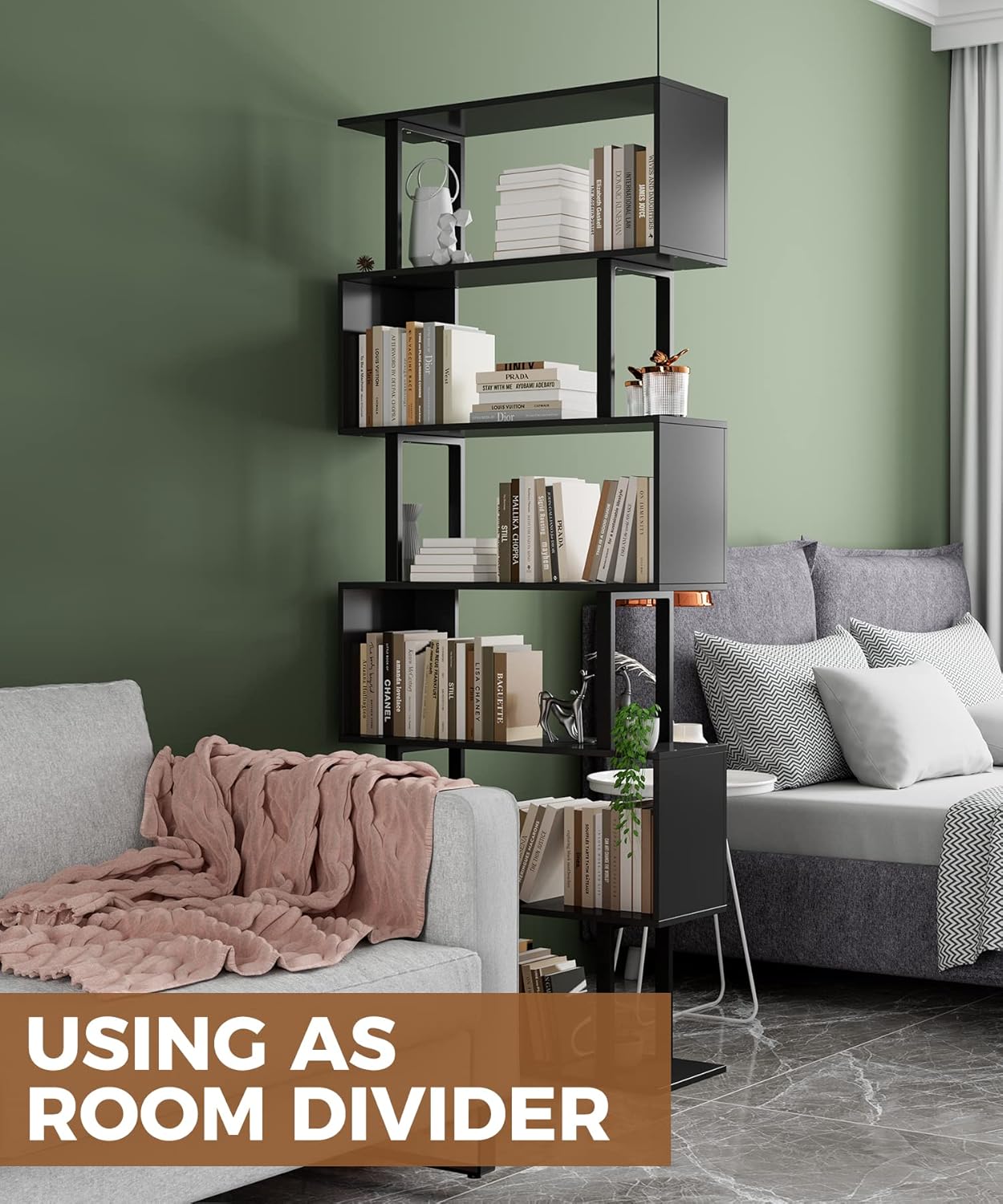 Gadroad 6 Tier Geometric Bookcase, Black Book Shelves, Modern Corner Bookcase Storage Shelf Wood for Bedroom, Living Room, Home Office, Black