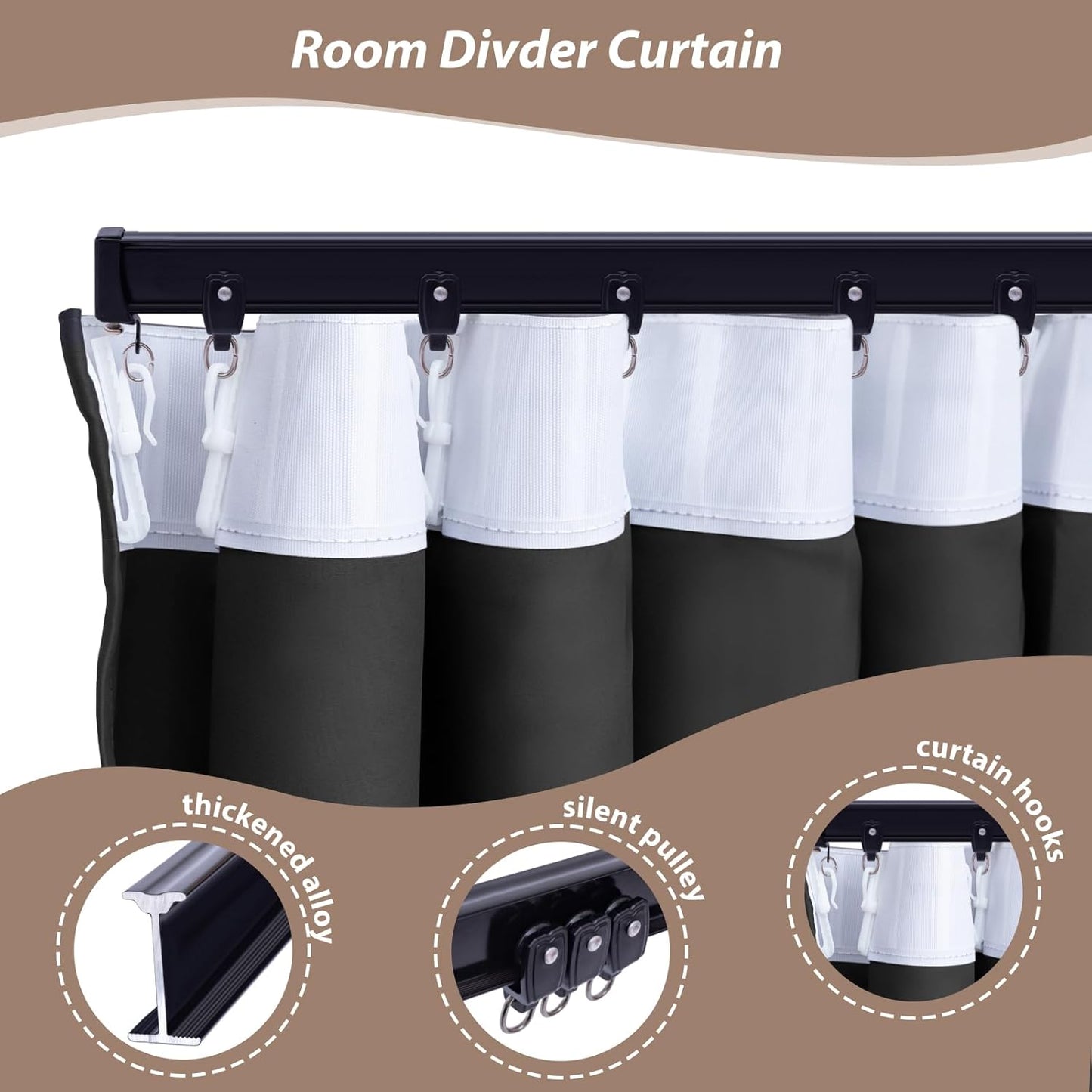 Room Divider Curtains with Ceiling Curtain Track Set Window Curtain for Bedroom,Living Room Total Blackout Thermal Insulated Privacy Ceiling Track Curtain W 9 × H 7 FT Black drape&Black track