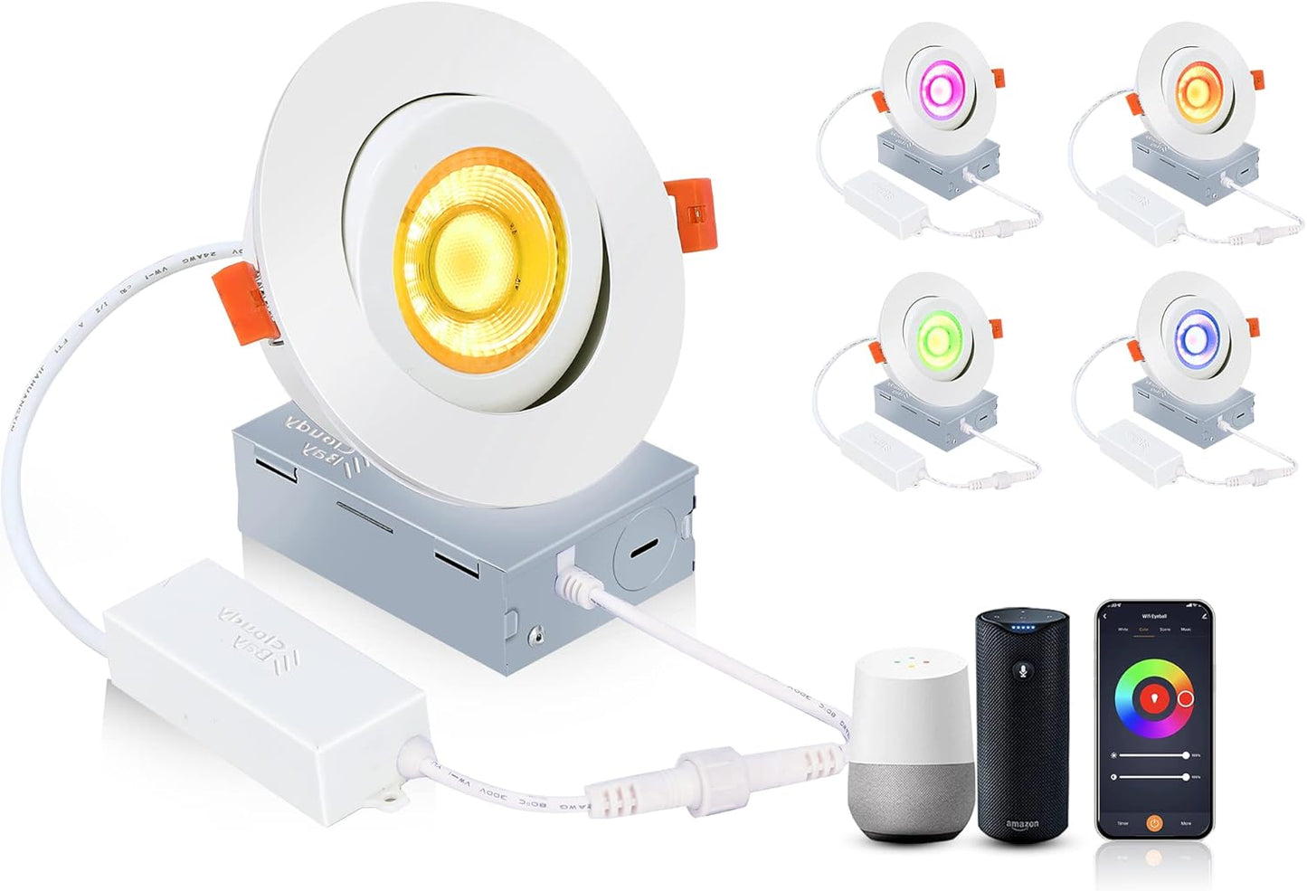 CLOUDY BAY 4 inch Eyeball Smart LED Recessed Light,Color Changing Recessed Lighting,Compatible with Alexa and Google Home Assistant,4 Pack