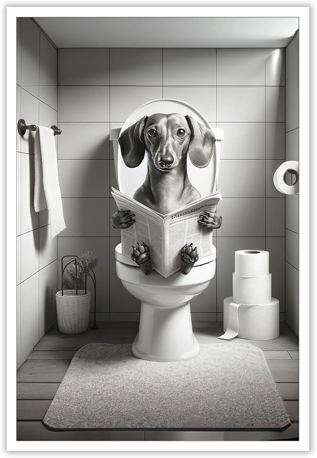 Canvas Funny Dachshund Posters Petshop Wall Art Animal In Toilet Sitting On Toilet And Reading Newspaper Prints Painting For Bathroom Home Bedroom Dorm Decor 12x16in Unframed