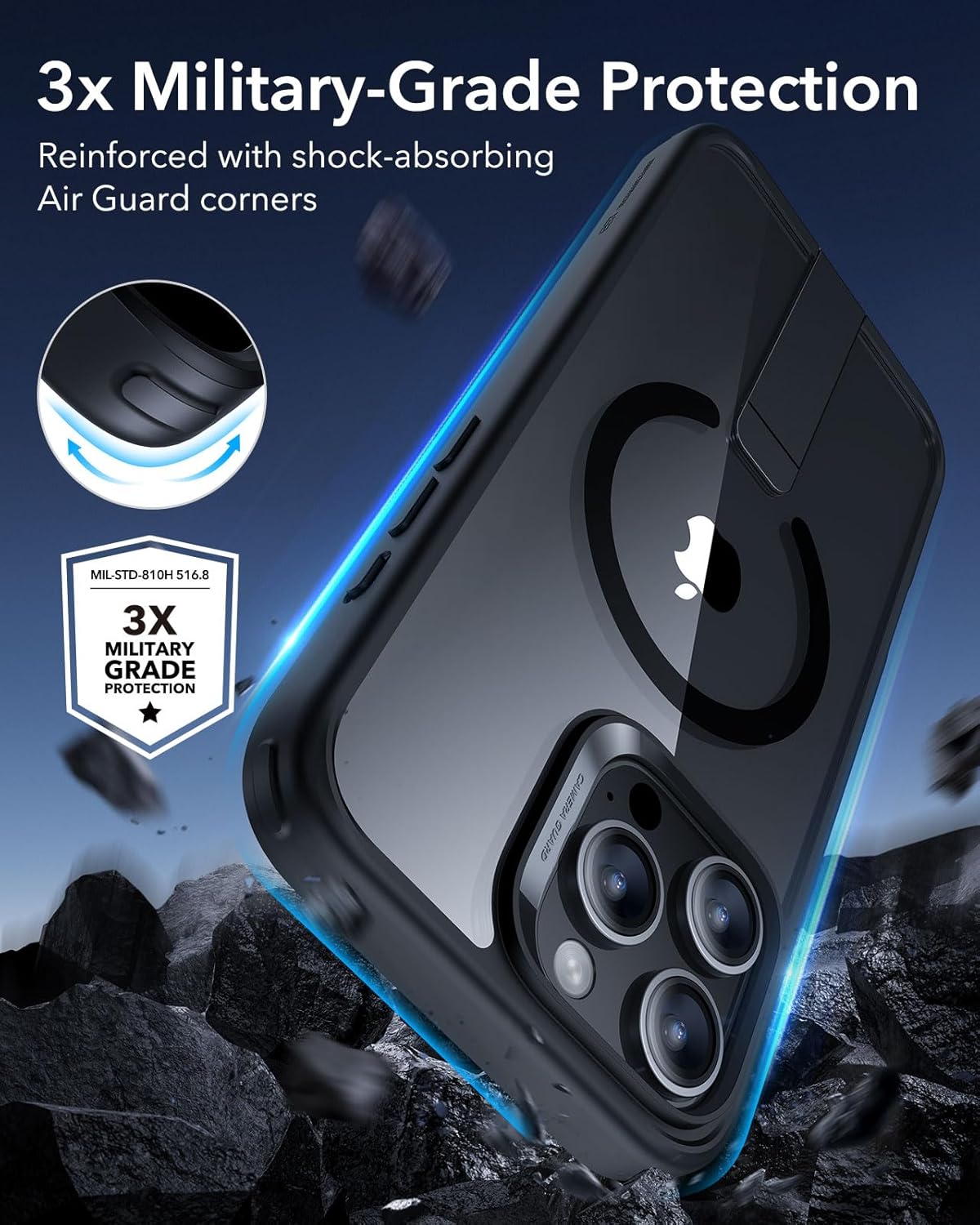 ESR for iPhone 16 Pro Max Case with Kickstand, Military-Grade Shockproof Protection, Magnetic Fully Adjustable Flickstand Phone Case, Compatible with MagSafe Accessories, Boost Series, Clear Black