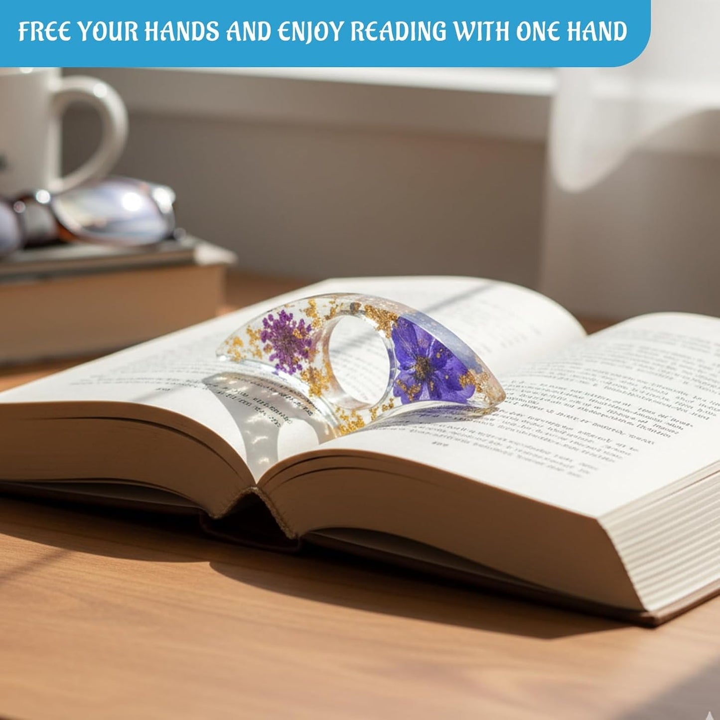 4 Pcs Book Page Holder for Reading, Dried Flower Resin Transparent Thumb Bookmark, Resin Book Page Holders for Reading,Pressed Flower Design, Lightweight Resin Page Holders for Books