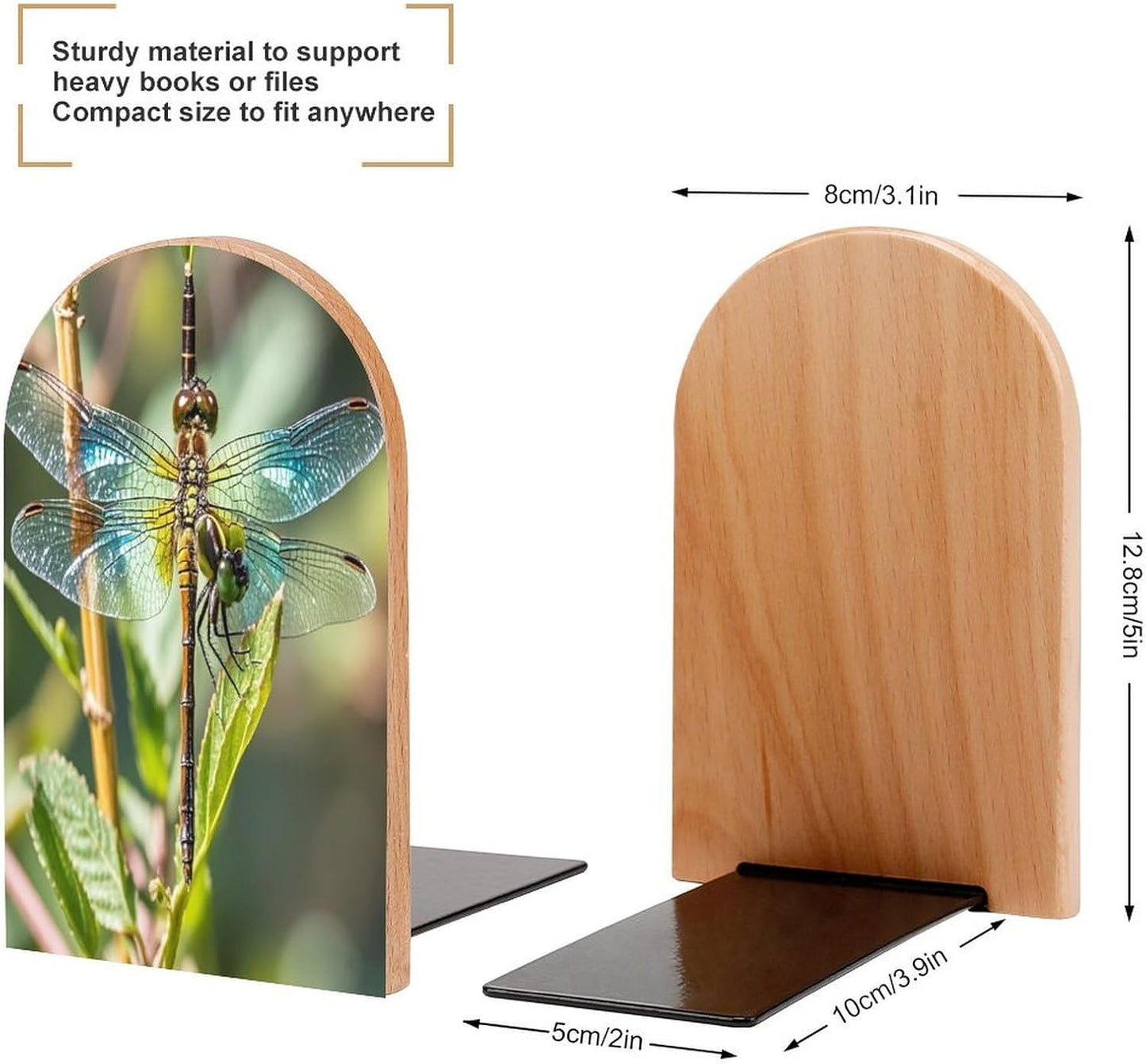 Colorful Dragonfly Bookends 1 Pair Heavy Duty Book Ends for Shelves Non-Skid Bookend Supports Wooden Book Holders with Metal Base Desk Organizers Books Storage to Hold Books