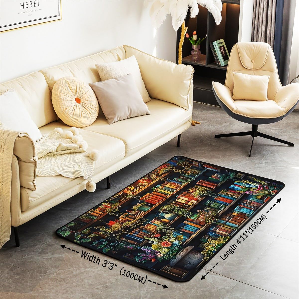 Erosebridal Retro Bookcase Area Rugs 3x5,Vintage Bookshelf Living Room Rugs for Kids Boys Girls Farmhouse Potted Plants Books Indoor Floor Mat for Backyard Bedroom Living Room Bedside,Green Orange