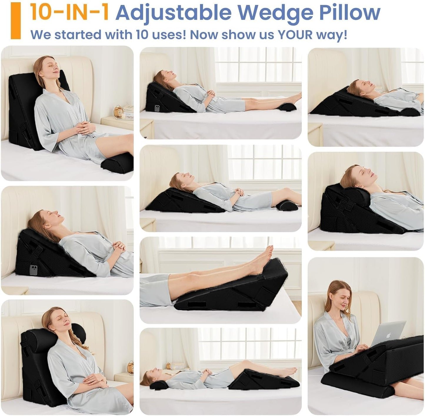 Sasttie Wedge Pillow Set for After Surgery, 2PCS Adjustable Bed Wedge Pillow Headboard with Memory Foam Neck Cushion – for Acid Reflux, Sleeping, Neck & Back Support, Black