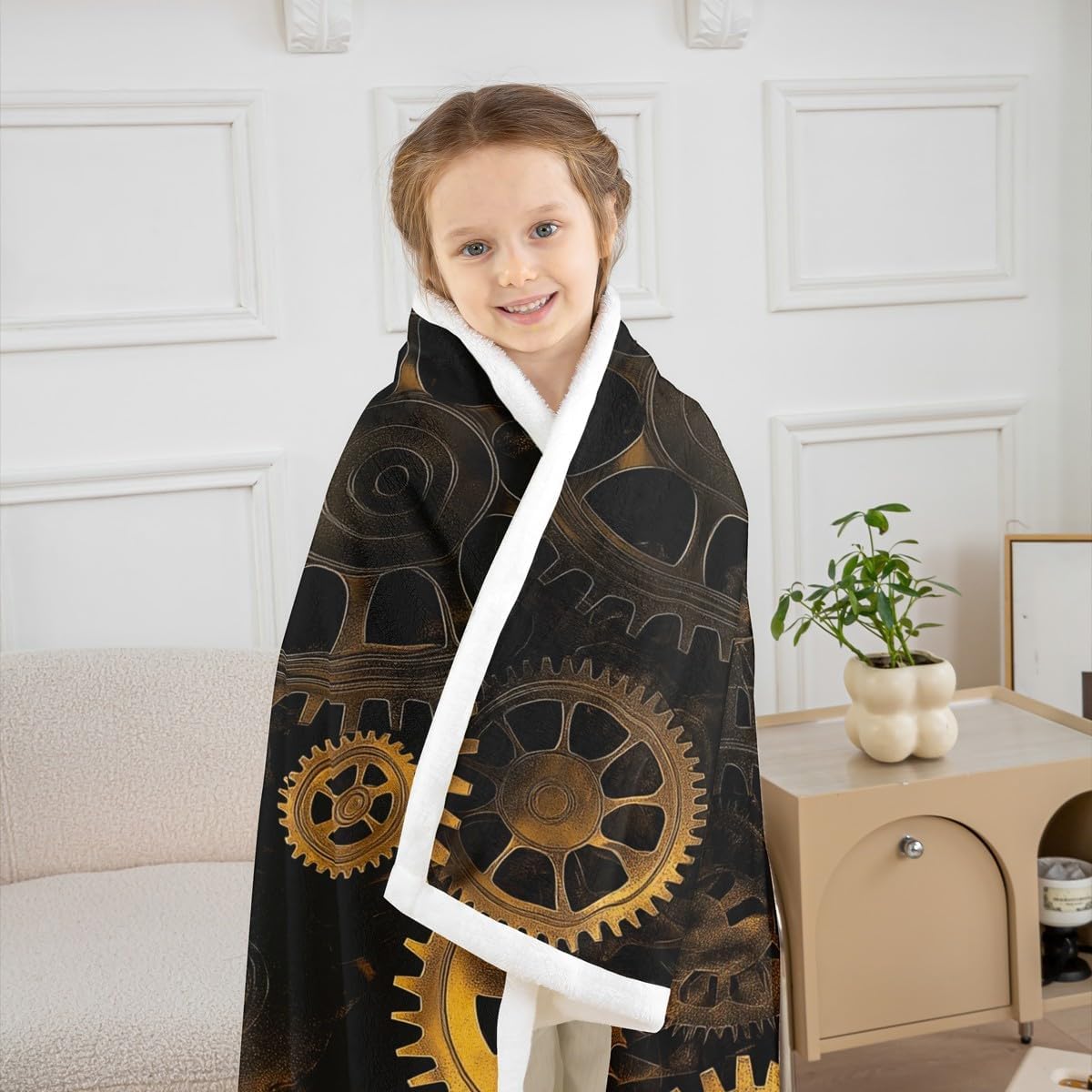 Erosebridal Golden Ndustrial Gear Fuzzy Blanket Steampunk Style Throw Blanket Clocks Theme Bed Blanket for Boys Men Mechanical Device Fleece Blanket Twin Warm Flannel, Black