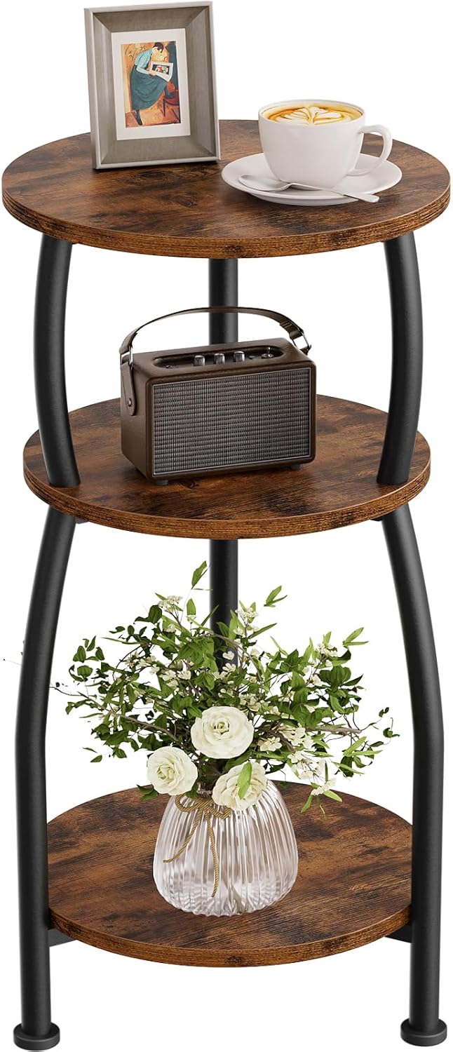 Small Round Side Table, 3-Tier End Table with Storage Shelf, Slim Coffee Table for Small Spaces, Industrial Sofa Table for Narrow Gaps in Living Room & Bedroom, Rustic Brown