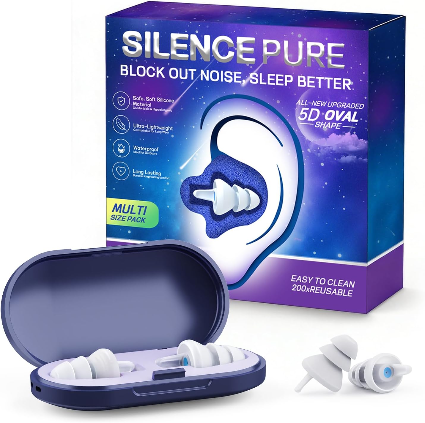 Ear Plugs for Sleeping - Soft Reusable Silicone Ear Plugs for Noise Reduction Earbuds & Focus (35dB), 3D Oval Noise Cancelling Design, Ideal for Side Sleepers - 2 Pairs (S + M/L)