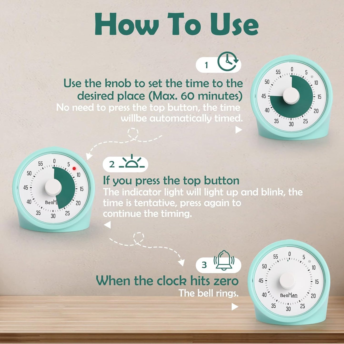 60-Minute Visual Timer for Kids, Silent Countdown Clock with Color Dial, No-Ticking Analog Timer for Classroom, Home, Time Management Fern Green
