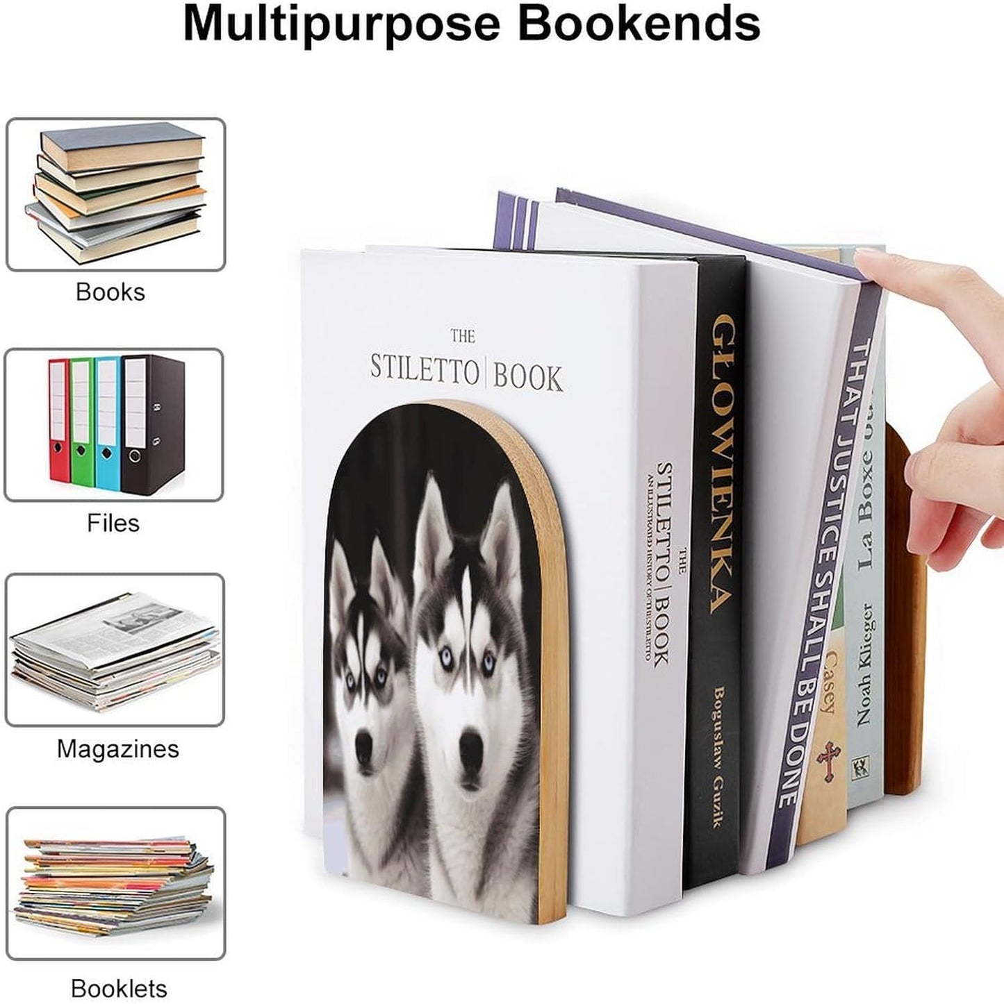 Husky Dog Bookend for Shelves Wooden Book End Large Size Sturdy Book Holders Stoppers with Metal Base for Bookshelves Slick Decorative Bookends Stands