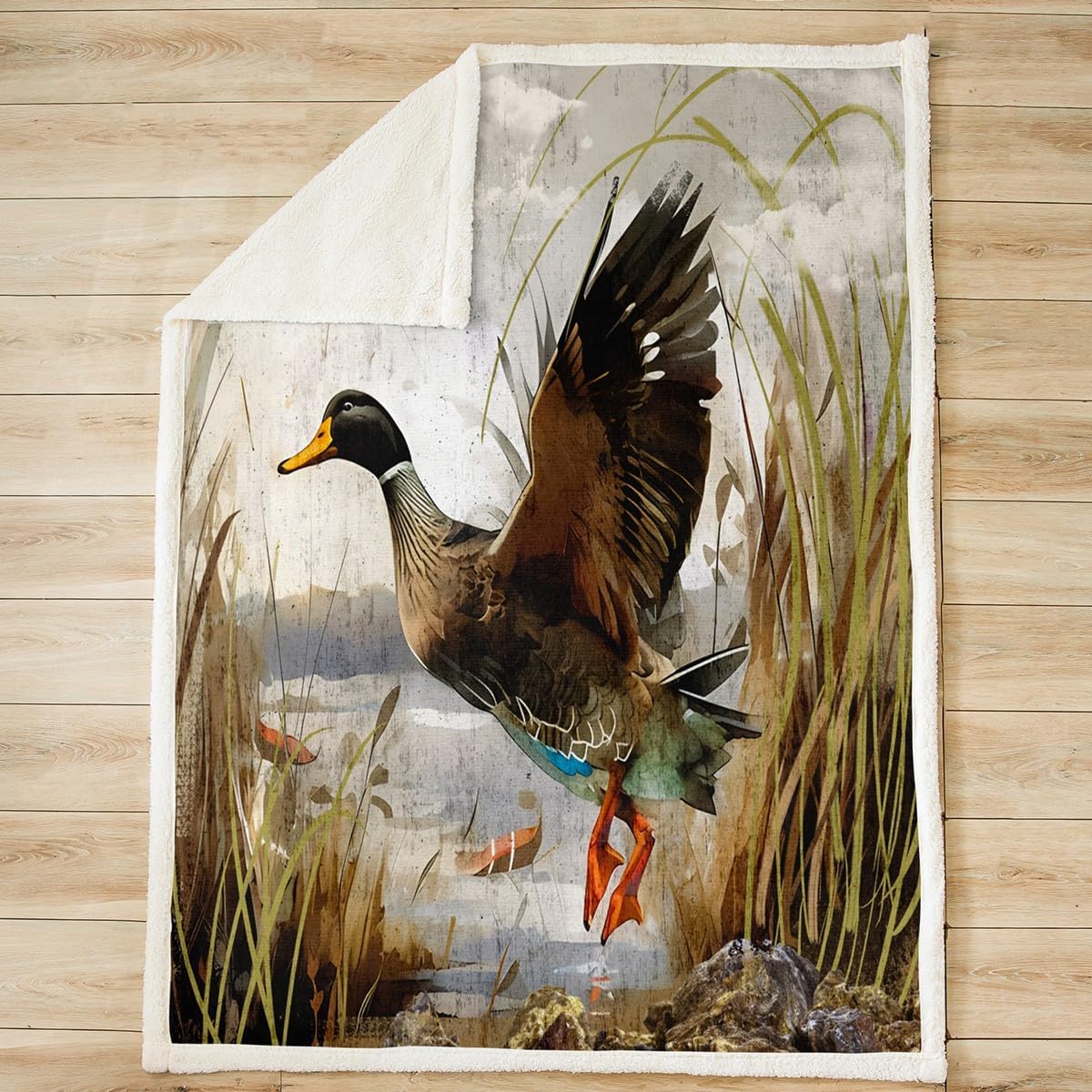 Mallard Duck Fleece Throw Blanket Boys Girls Wild Duck Hunting Sherpa Throw Blanket for Kids Women Men Ultra Soft Lodge Cabin Farmhouse Plush Blanket Fuzzy Flannal Blanket Room Decor Throw 50"x60"