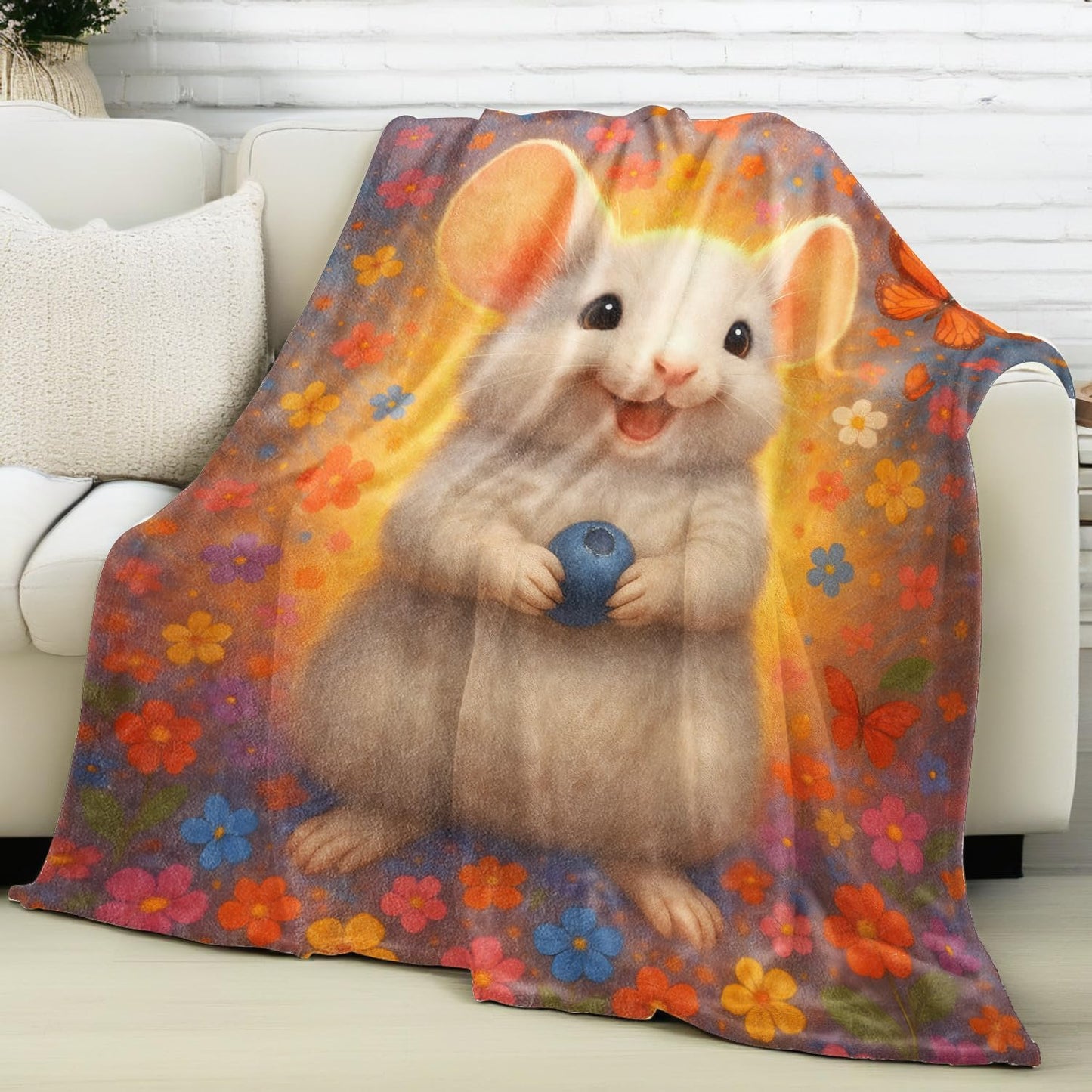 Cute White Mouse Blanket Flannel Throw Blankets for Animal Lovers, Lightweight Soft Cozy Cartoon with Blueberry Colorful Flower and Butterfly Print Sofa Couch Chair Bed Decor Gifts, 60x50inch