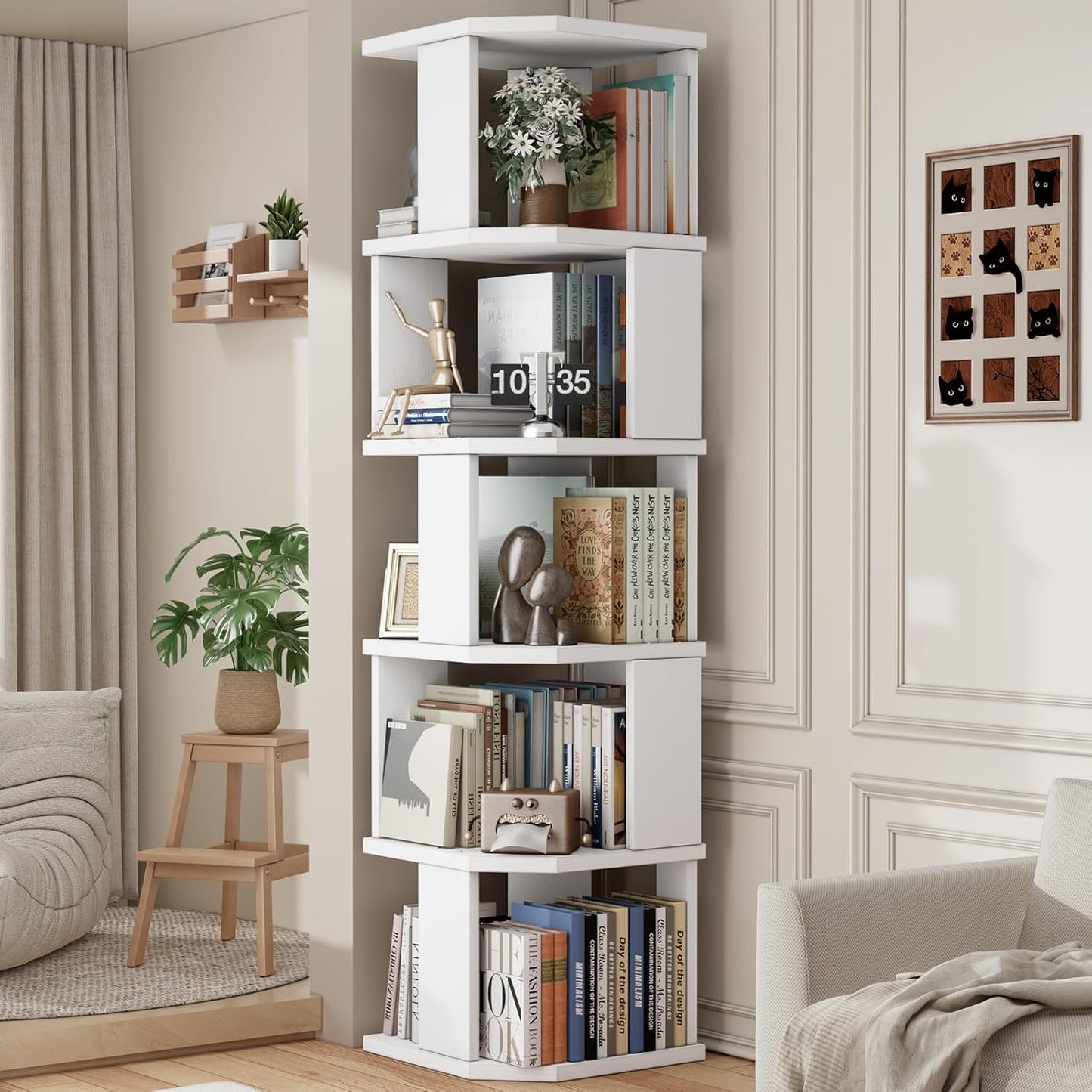 5 Tier Square Bookshelf Tower, Floor Standing Corner Bookshelf Modern Organizer Storage Display Rack for Home Office Living Room Study, Small Spaces