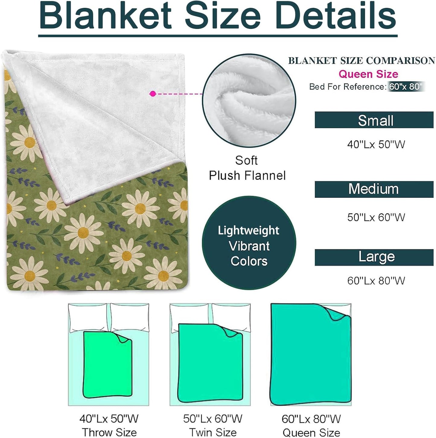 Daisy Floral Blanket, Flannel Throw Blanket Soft Cozy Lightweight Blankets for Adults Women Kids Home Decor for Sofa Couch Bed 60x50 Inch