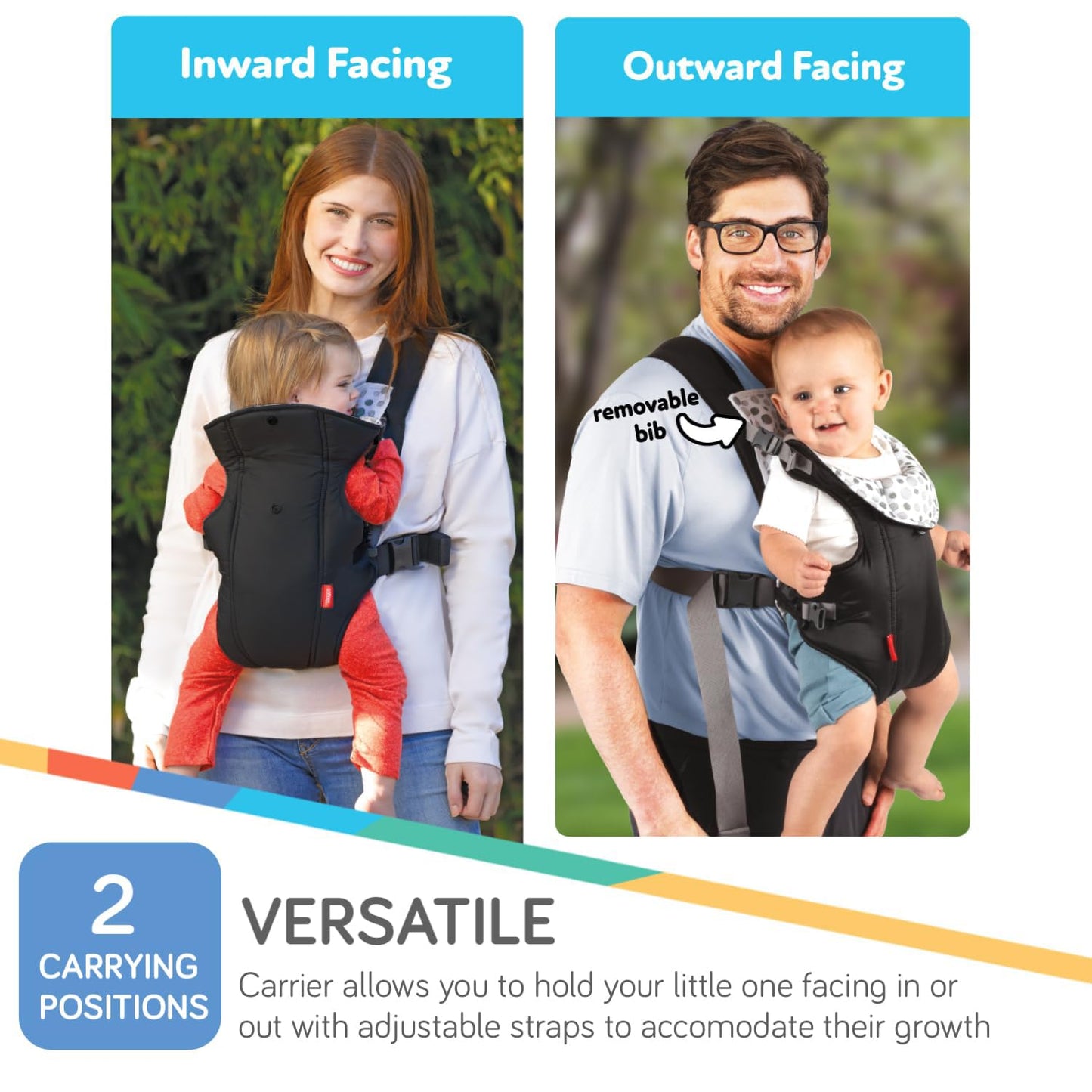 Nuby Classic Baby Carrier: Newborn to Toddler |Face-in and Face-Out Carrier | Black | Lightweight & Comfortable |Removeable Baby Drool Bib | 8-35 lb. (3.6-14 kg)