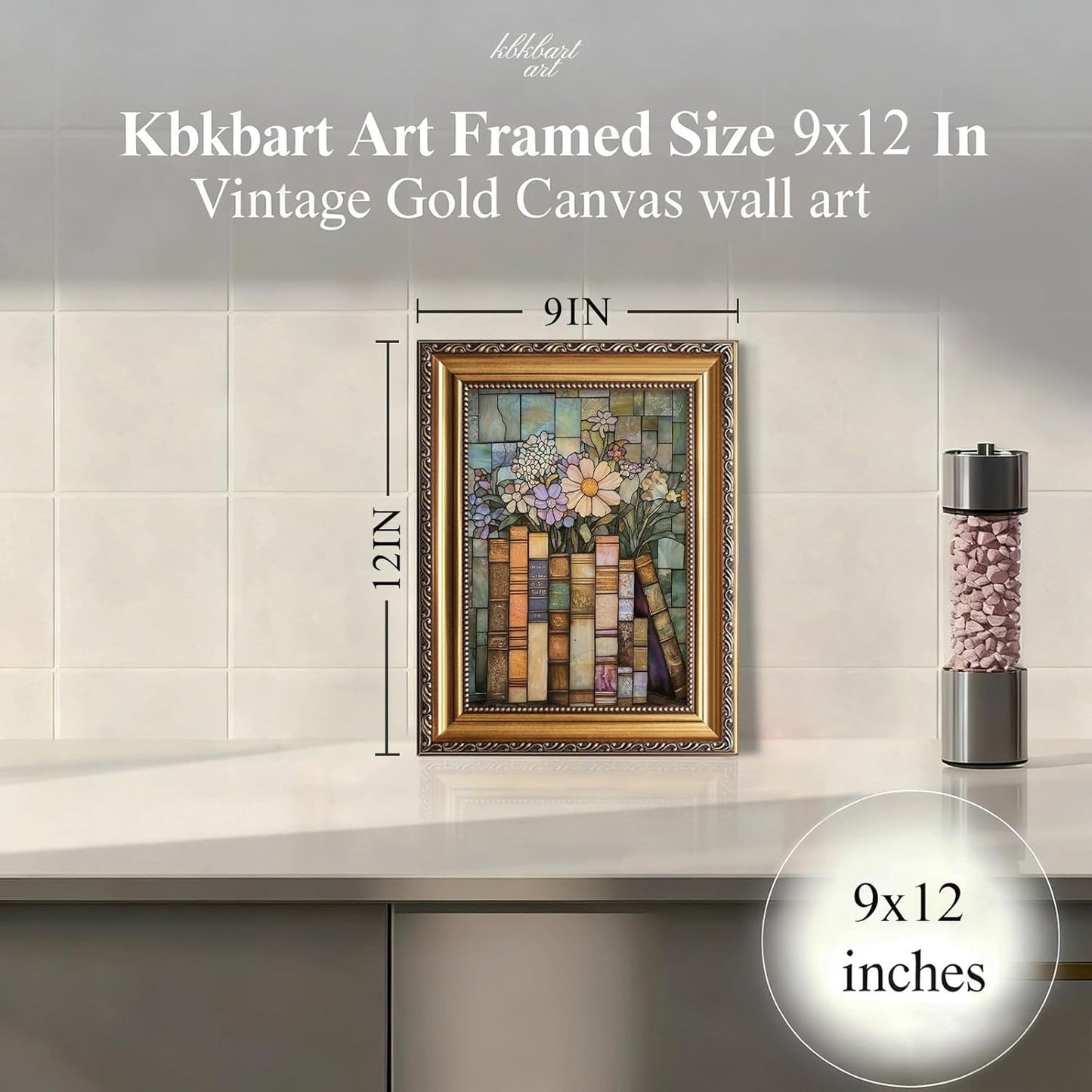 KBKBART Vintage Gold Framed Book Wildflower Wall Art Moody Stained Glass Book Lover Wall Decor Painting Poster Canvas Prints for Bedroom Living Room Office 9x12 inch