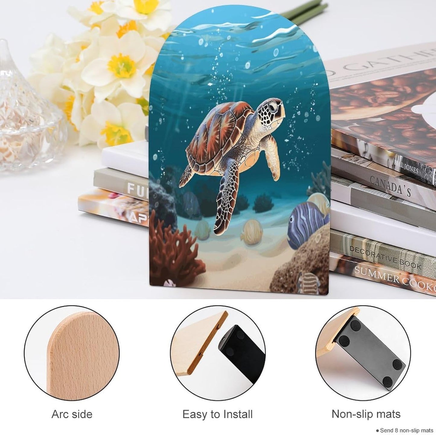 Sea Turtle Swimming Bookend for Shelves Wooden Book End Large Size Sturdy Book Holders Stoppers with Metal Base for Bookshelves Slick Decorative Bookends Stands