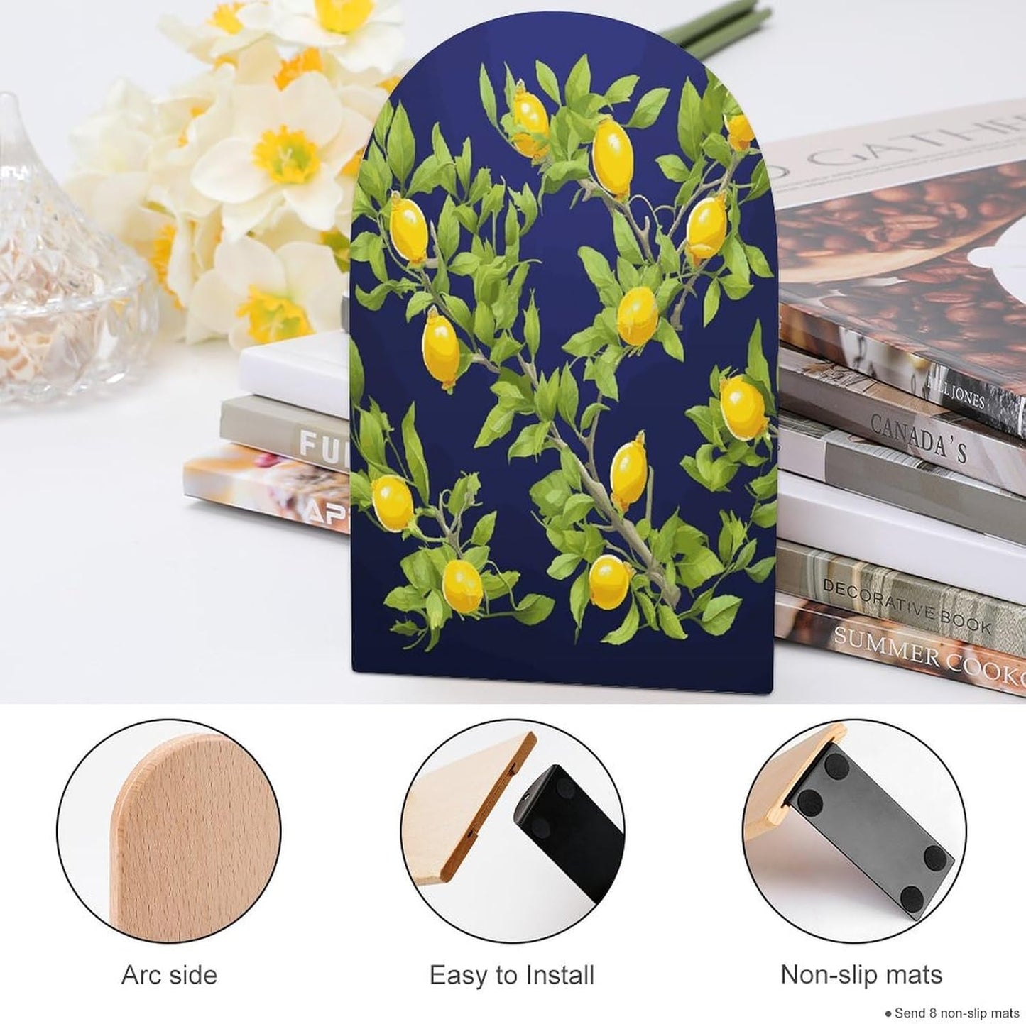 Lemon Tree Bookend for Shelves Wooden Book End Large Size Sturdy Book Holders Stoppers with Metal Base for Bookshelves Slick Decorative Bookends Stands