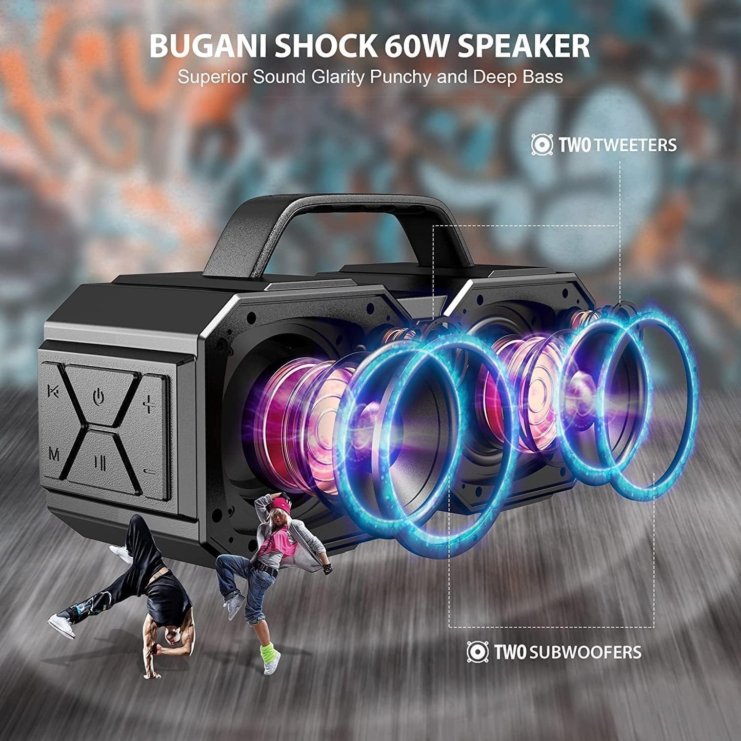BUGANI Shock Bluetooth Speaker, Portable Bluetooth 5.3, Waterproof, 60W Super Power, Outdoor Speaker, Black(New Model)