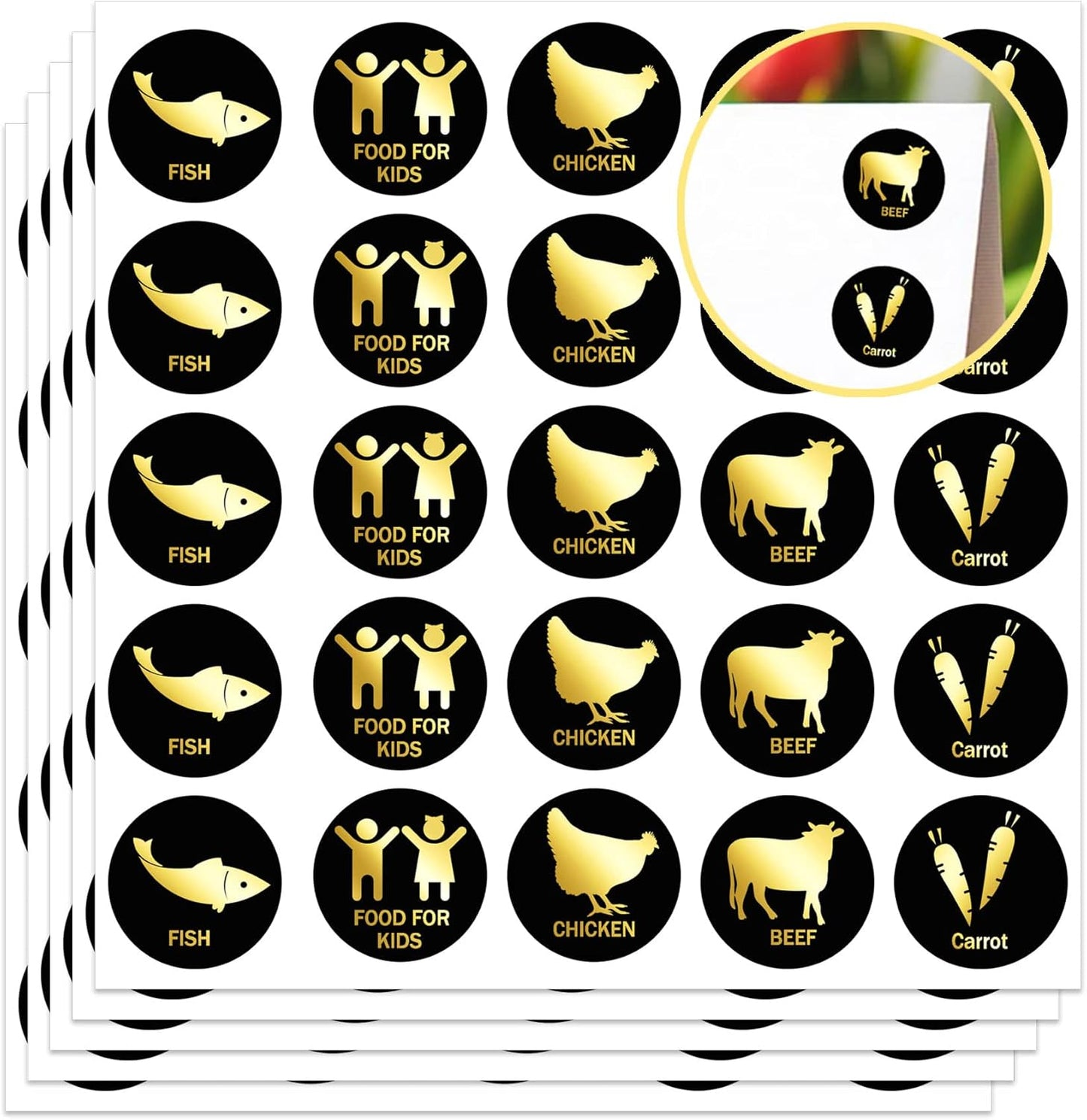 0.6 Inch 300Pcs Gold Wedding Meal Choice Indicator Sticker Meal Stickers - Beef Carrot Chicken Fish Food for Kids Stickers for Wedding and Birthday Party