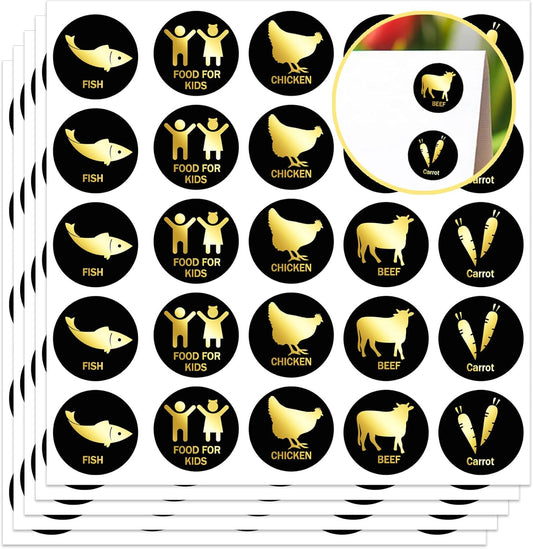 0.6 Inch 300Pcs Gold Wedding Meal Choice Indicator Sticker Meal Stickers - Beef Carrot Chicken Fish Food for Kids Stickers for Wedding and Birthday Party