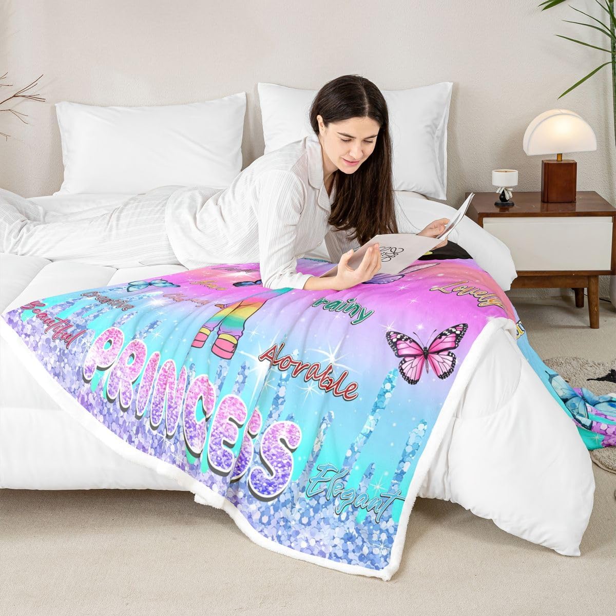 Feelyou Afro Cartoon Girl Sherpa Throw Blanket for Couch Rainbow Super Soft Cozy Fleece Pastel Gradient Blanket for Winter, Plush Throw Butterfly Princess African Woman Queen 90"x90" All Season