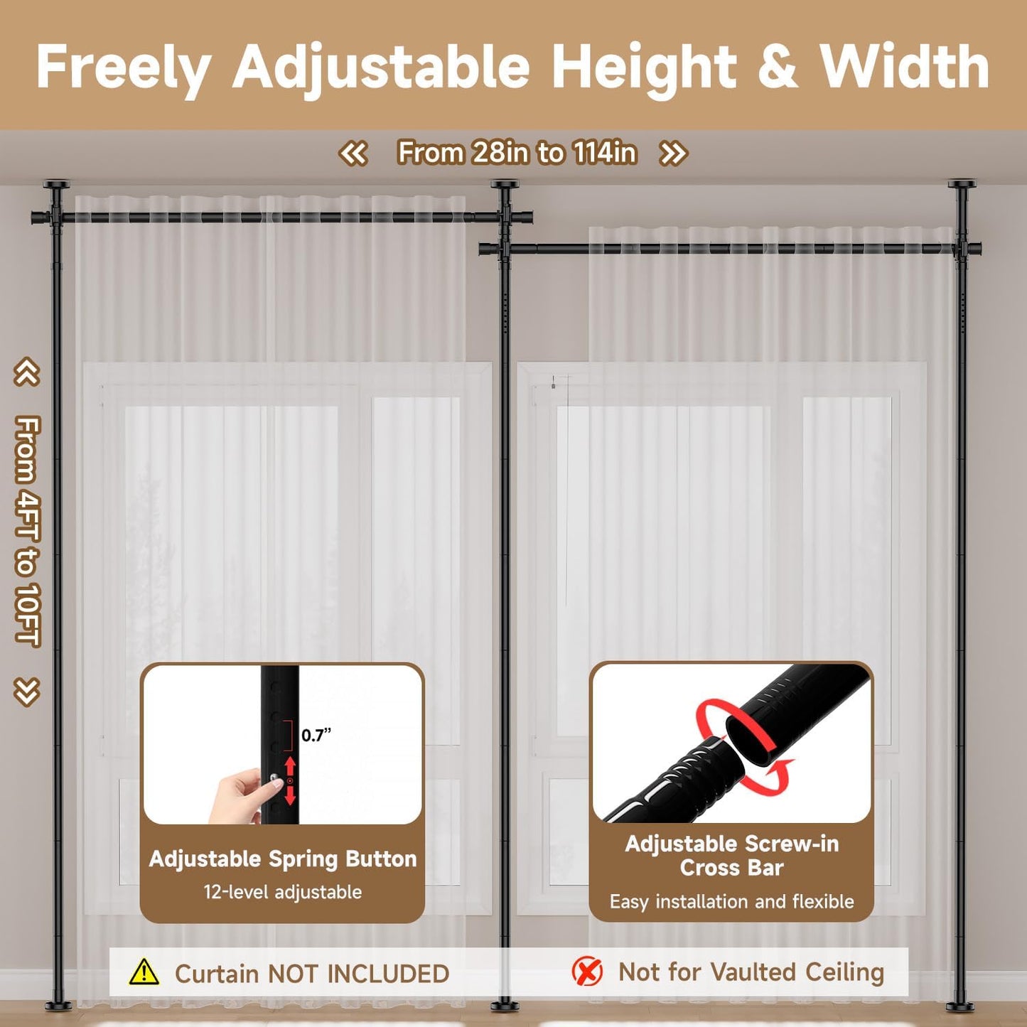 Room Divider for Room Separation (57-145in W), Curtain Rods No Drilling for Bedroom, Freestanding Room Divider Panel Tension Rod, Wall Divider Privacy Screen Partition for Space Separator, Drill Free