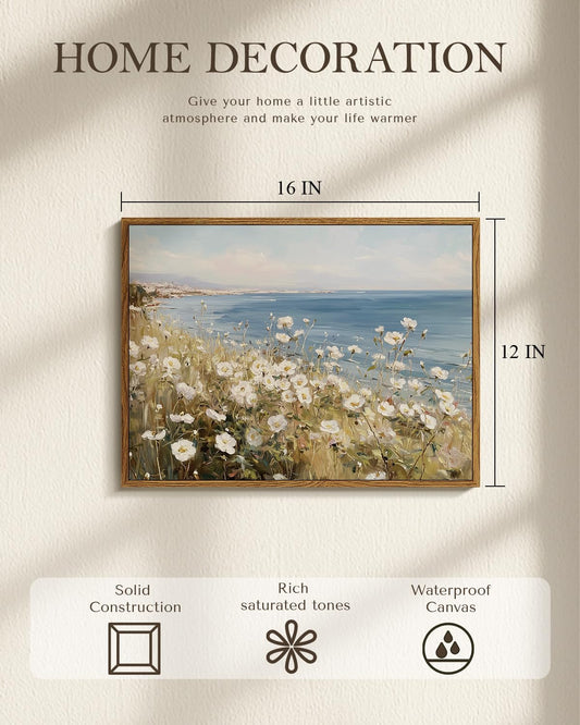 WHASAYART Framed Coastal Landscape Canvas Wall Art, Blue Ocean and Seaside Meadow White Poppy Flower Field Print Painting, Spring Summer Pictures Decor for Dining Room Living Room Bedroom 12x16