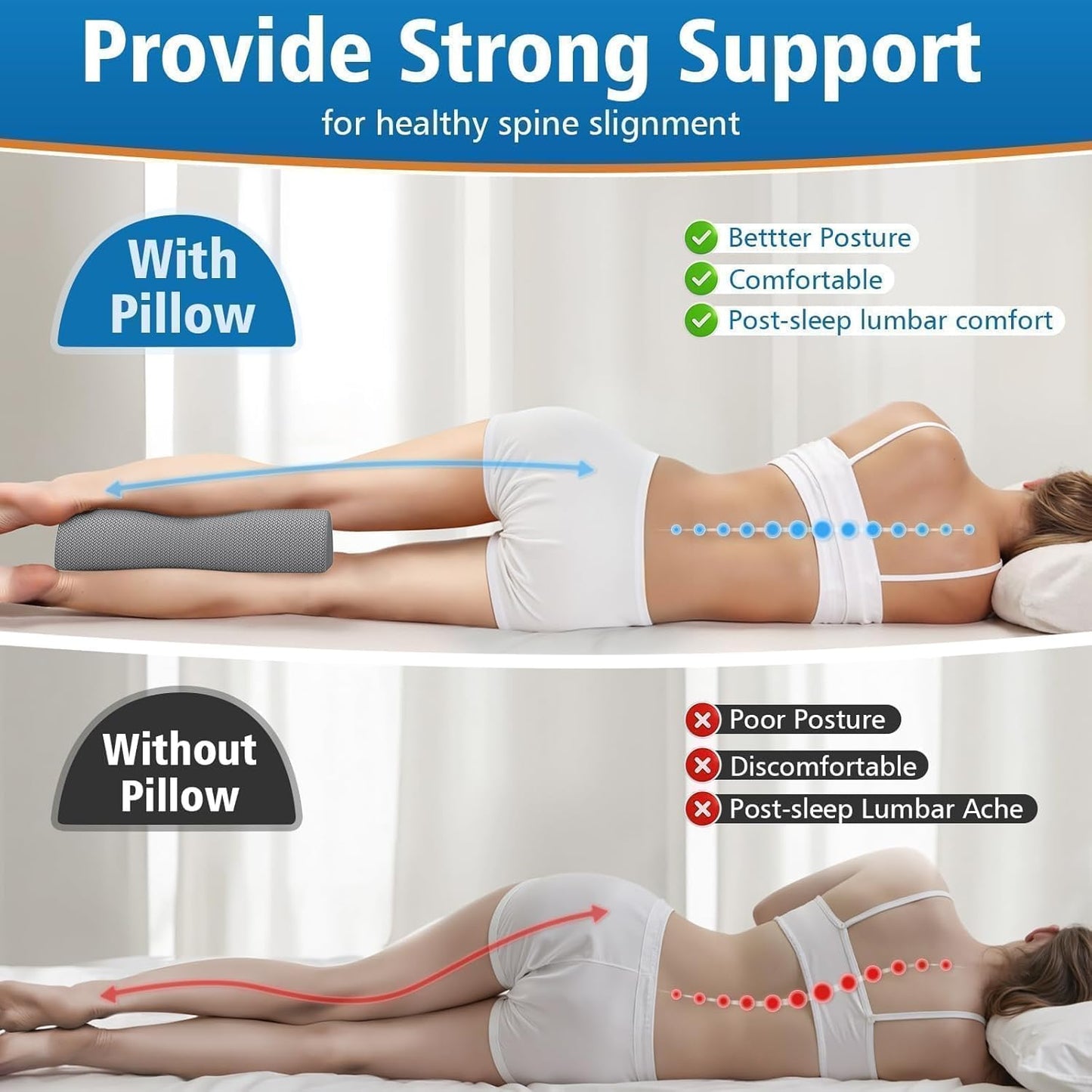 Knee Pillow for Side Sleepers, Half Moon Memory Foam Bolster Pillow for Legs, Ergonomic Design Wedge Elevation Pillow for Side & Back Sleeping, Under Knee Support, Foot, Ankle, Lumbar,Gray