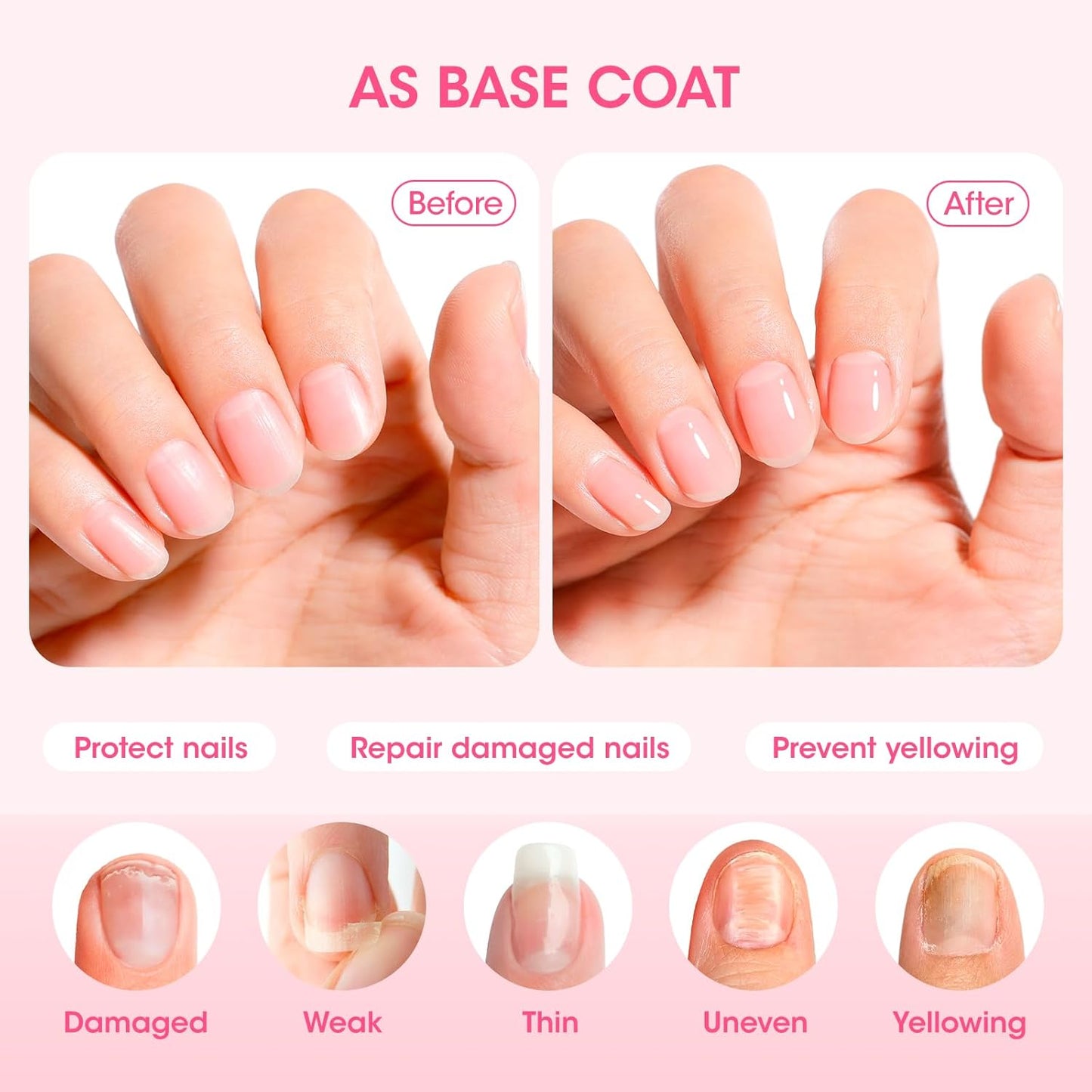 GELLEN 3-In-1 Clear Nail Strengthener, Base Top Coat, No Base Top & Light Needed, Shine Sheer Nail Polish Fortify Weak Dry Damaged Nails | Keratin Vitamin E, Anti-yellow | Toxin TPO HEMA Free, No Pink