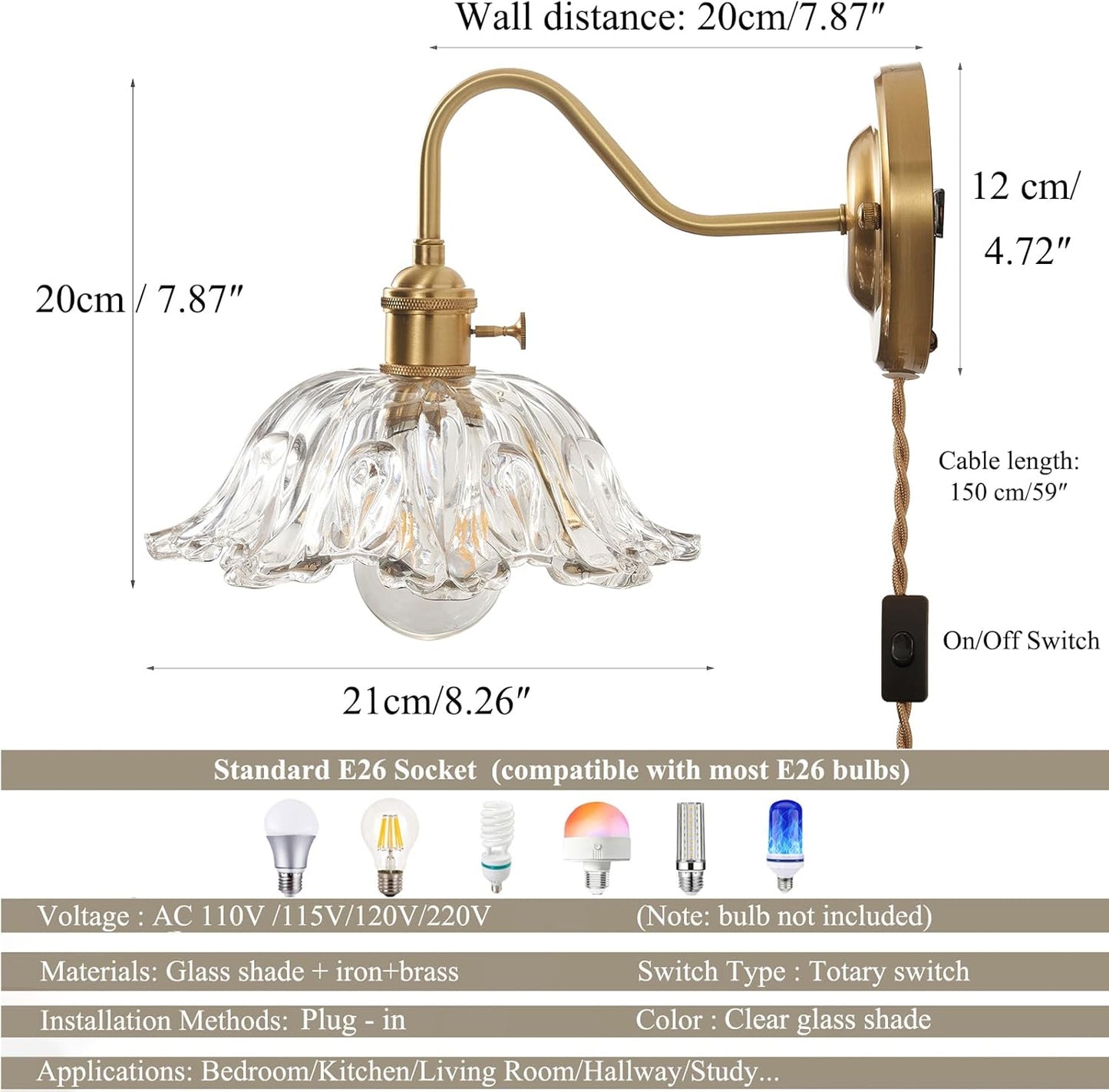 Vintage Plug-in Wall Sconce with Switch, Clear Snowflake Glass Shade, Brass Fixture, E26 Socket with Dual Switches, Plug-in or Hardwired for Bedroom, Reading Nook, Hallway, Kitchen Island
