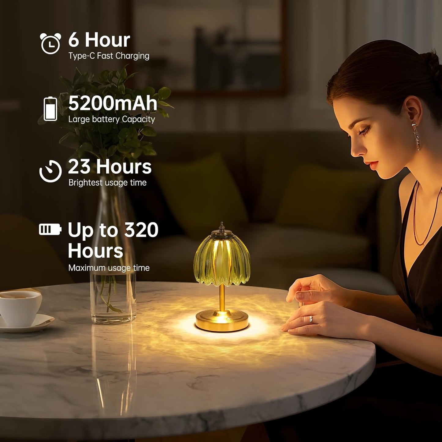 Tulip Small Table Lamp, 5200mAh Cordless Touch Control Mini Table Lamp with 3 Color Temps & Stepless Dimming, Perfect for Small Spaces Like Dressers, Bedsides, Bookshelves (Green Tulip)
