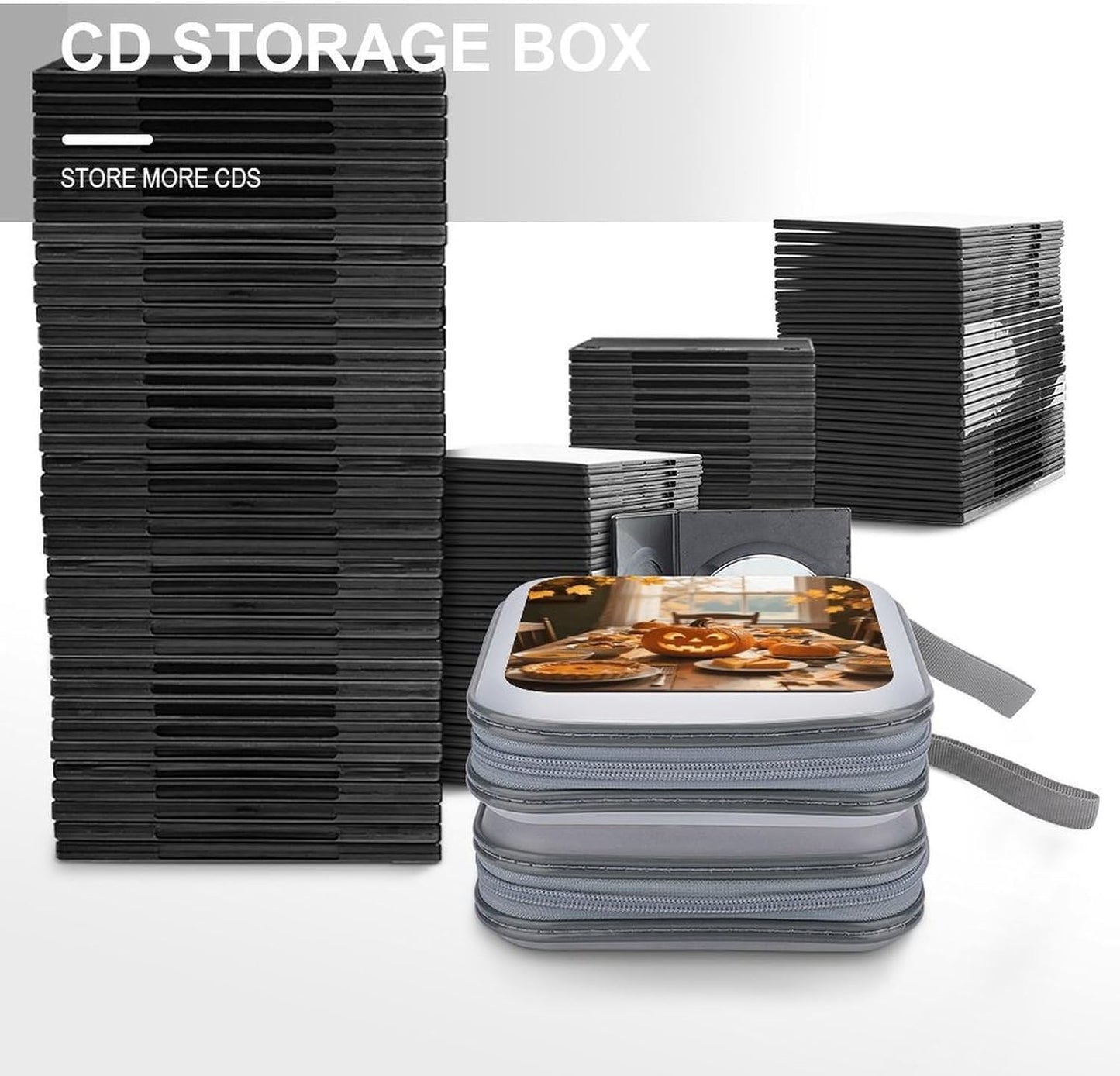 Fall Thanksgiving Pumpkin Leaf CD Case Portable Zipper CD Case 40 Capacity Hard Plastic DVD Cases Holder Large Storage Disc Wallet Bag for Car Home Travel DVD Collection Bag