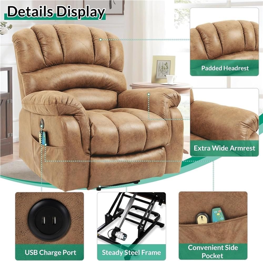 Overstuffed Power Lift Recliner Chair for Tall Elderly, Electric Lift Sofa with Extended Footrest, Heat and Massage, 2 Remotes, USB Ports & Side Pockets