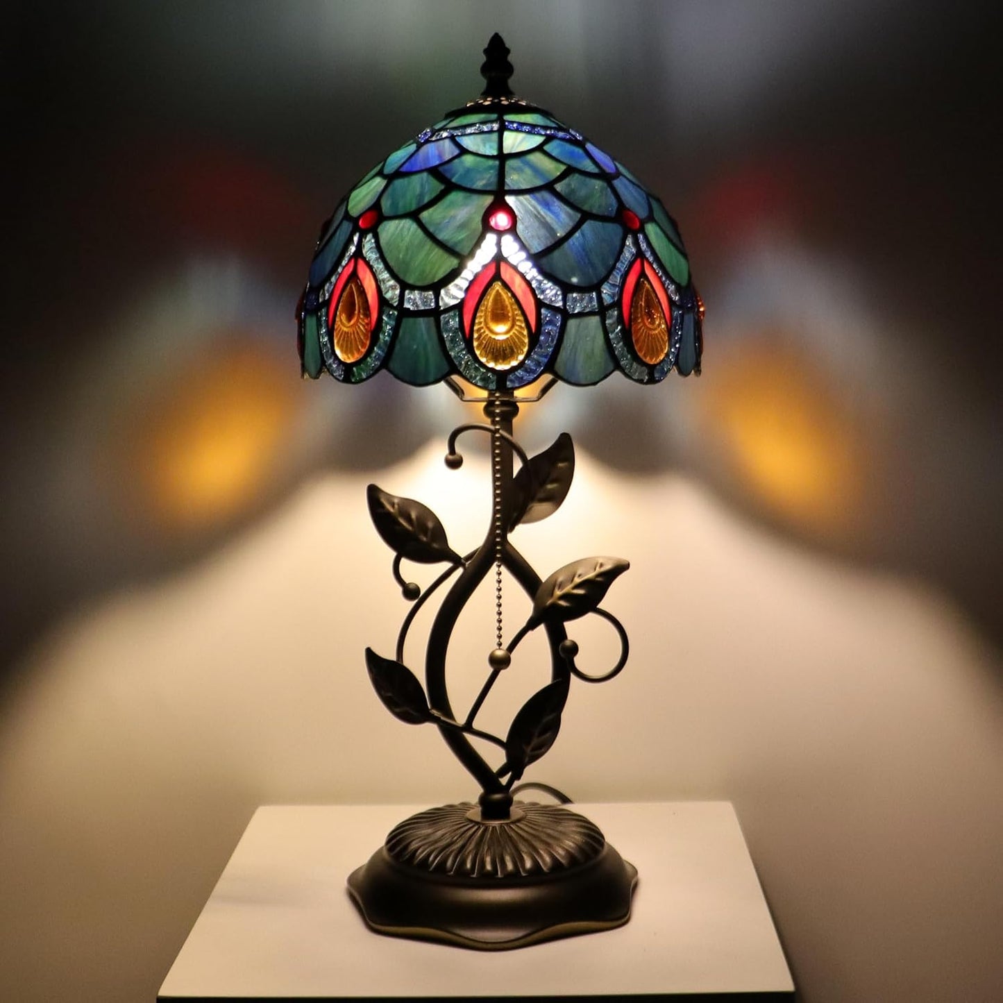 Small Tiffany Lamp Sea Blue Peacock Tail Style Stained Glass Table Lamps Desk Bedside Reading Light 8X8X18 Inches with Bronze Metal Leaf Resin Base
