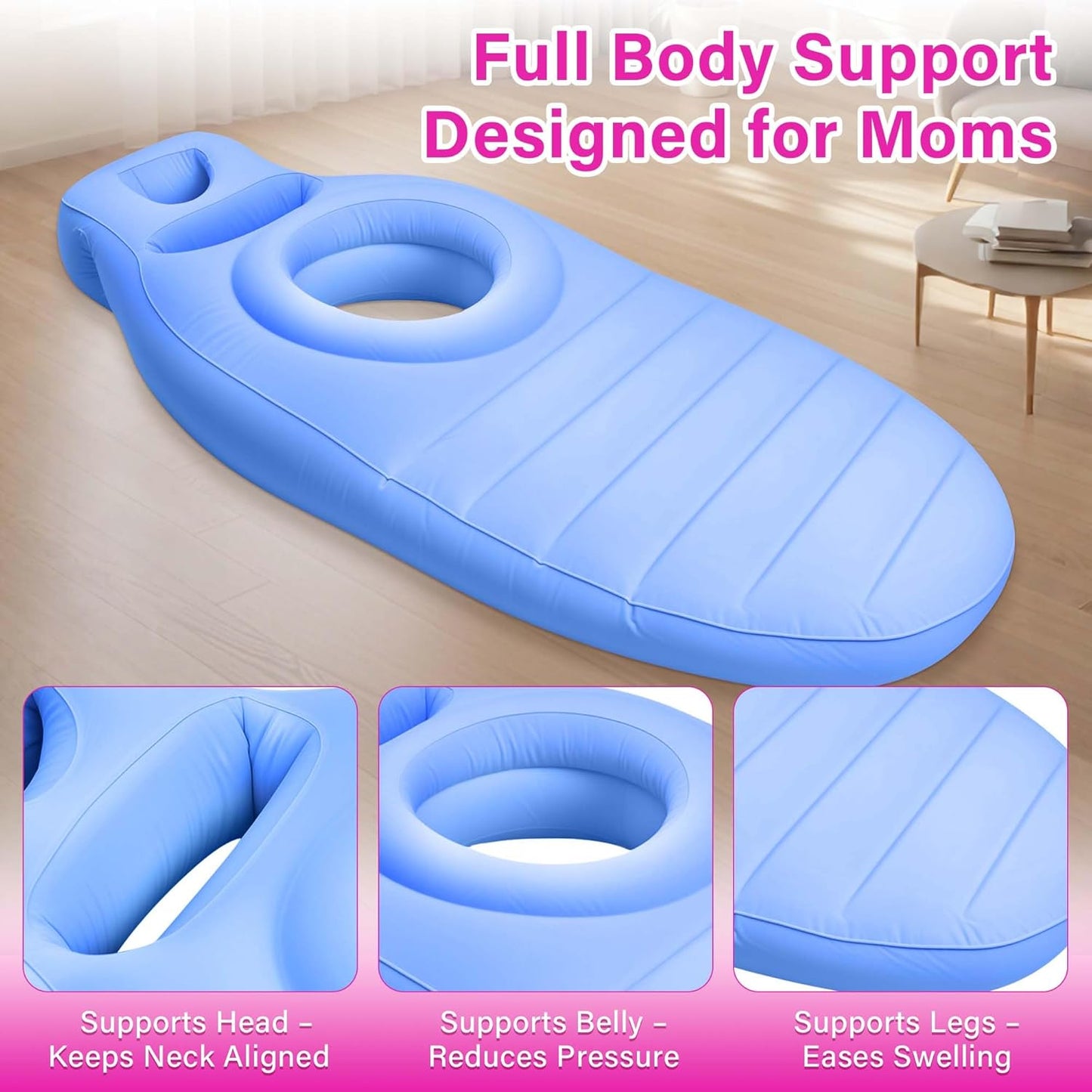 Inflatable Pregnancy Pillow with Belly & Head Hole – Full Body Maternity Airbed for Stomach Sleeping, Back Pain & SPD Relief – Comfortable, Portable & Includes Electric Pump Blue