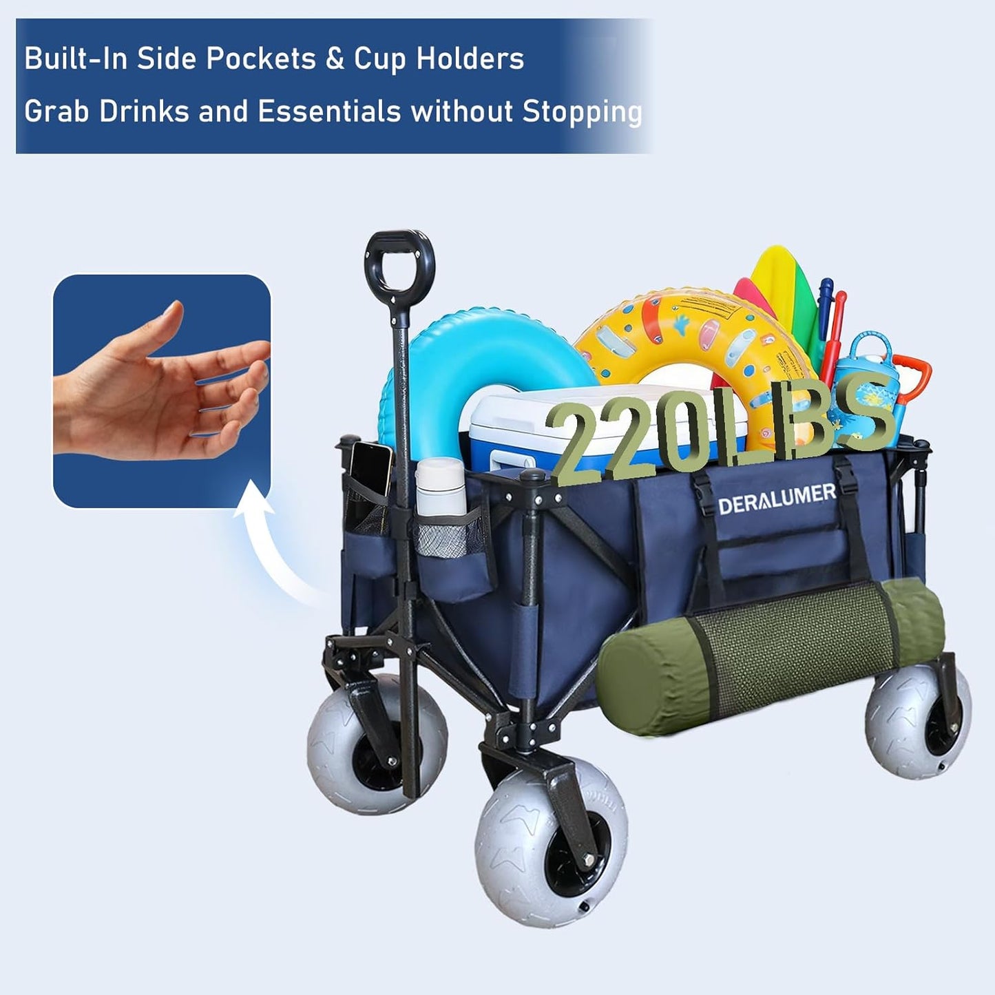 Beach Wagon with 9×4" Big Balloon Wheels for Sand, 35" Heavy Duty Folding Wagon with Side Bag, Collapsible Utility Cart for Beach, Camping, Garden & Outdoor (Navy Blue, X800 9×4" Balloon Wheels)