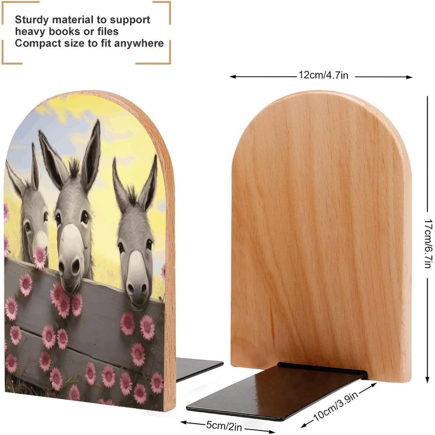 Donkey and Flower Bookend for Shelves Wooden Book End Large Size Sturdy Book Holders Stoppers with Metal Base for Bookshelves Slick Decorative Bookends Stands