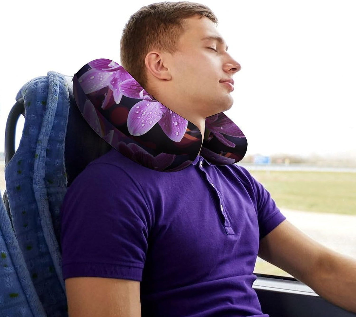 Purple Flower Neck Pillow Memory Foam U Shaped Pillows Portable Pillows for Shoulder Travel Head Support Pillow with Concealed Zipper for Airplane Car Home Office