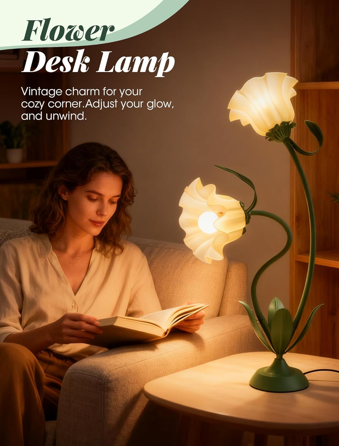 Flower Desk Lamp, Vintage Bedside Table Lamp for Bedroom, Flexible LED Reading Light with 3 Color Modes and Clamp, Unique Aesthetic Home Living Room Decor Dorm Essentials Valentines Day Gifts(Green)