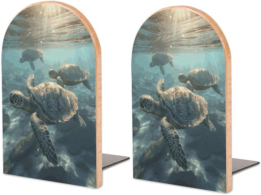 Sunny Sea Turtle Wooden Bookend Non-Slip Book Ends Heavy Duty Book Stopper with Metal Base Books Holderd Decorative Bookends Stands Firmly for Office Supplies