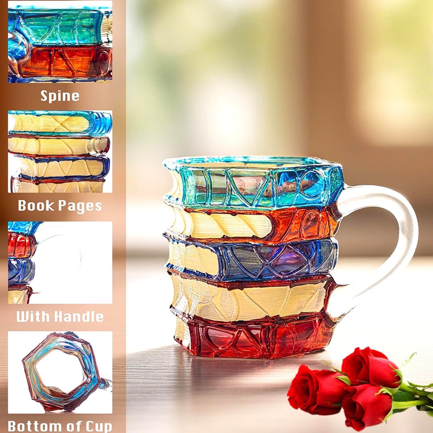 Handpainted Glass Book Stack Mug, 7oz, Literary Design Coffee Tea Cup for Readers and Writers (Small)