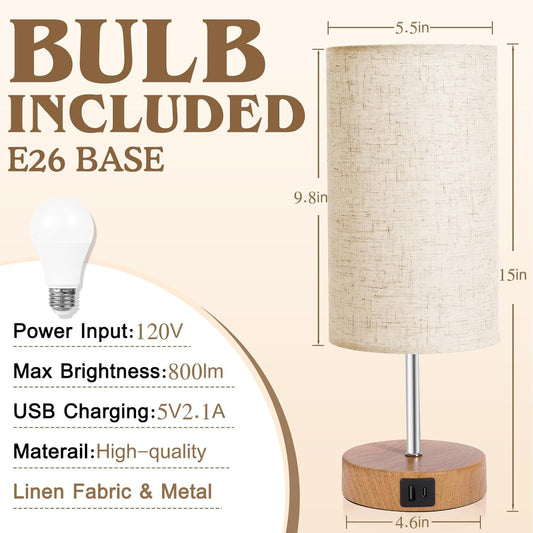 Bedside Table Lamp for Bedroom - 4 Way Dimmable Touch Lamp with USB and Type-C Charge Port, Small Wood Base Round Flaxen Fabric Shade Lamp Living Room,Bedroom Use(Yellow Color Base)